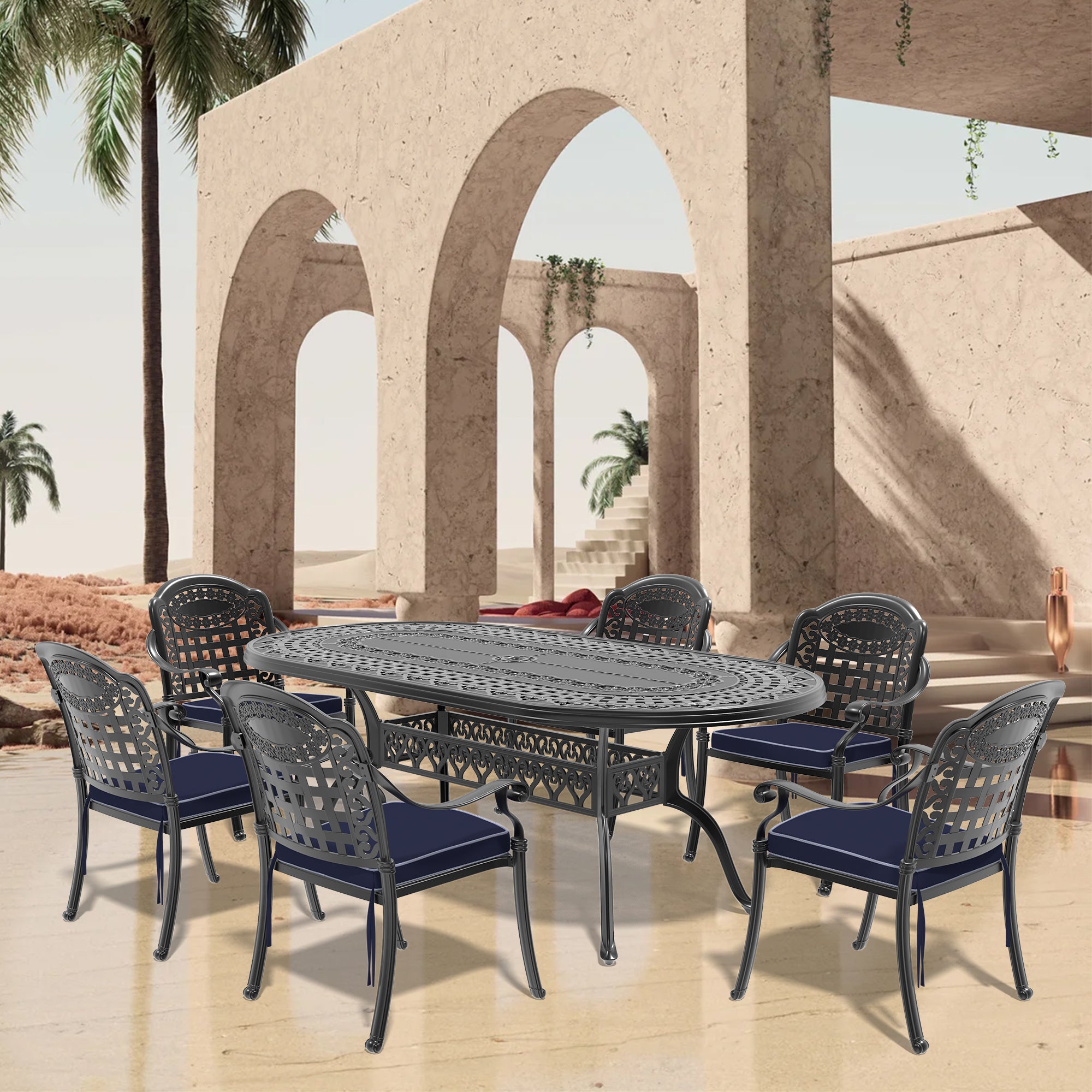 Cushions In Random Colors 7 Piece Set Of Cast Aluminum Patio Furniture With Cushions Yes Dining Set Black Seats 6 Rust Resistant Frame Water Resistant Cushion Garden & Outdoor Complete Patio Sets Aluminium