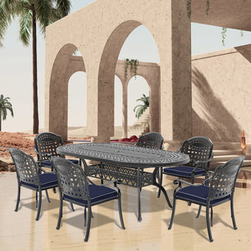 Cushions In Random Colors 7 Piece Set Of Cast Aluminum Patio Furniture With Cushions Yes Dining Set Black Seats 6 Rust Resistant Frame Water Resistant Cushion Garden & Outdoor Complete Patio Sets Aluminium