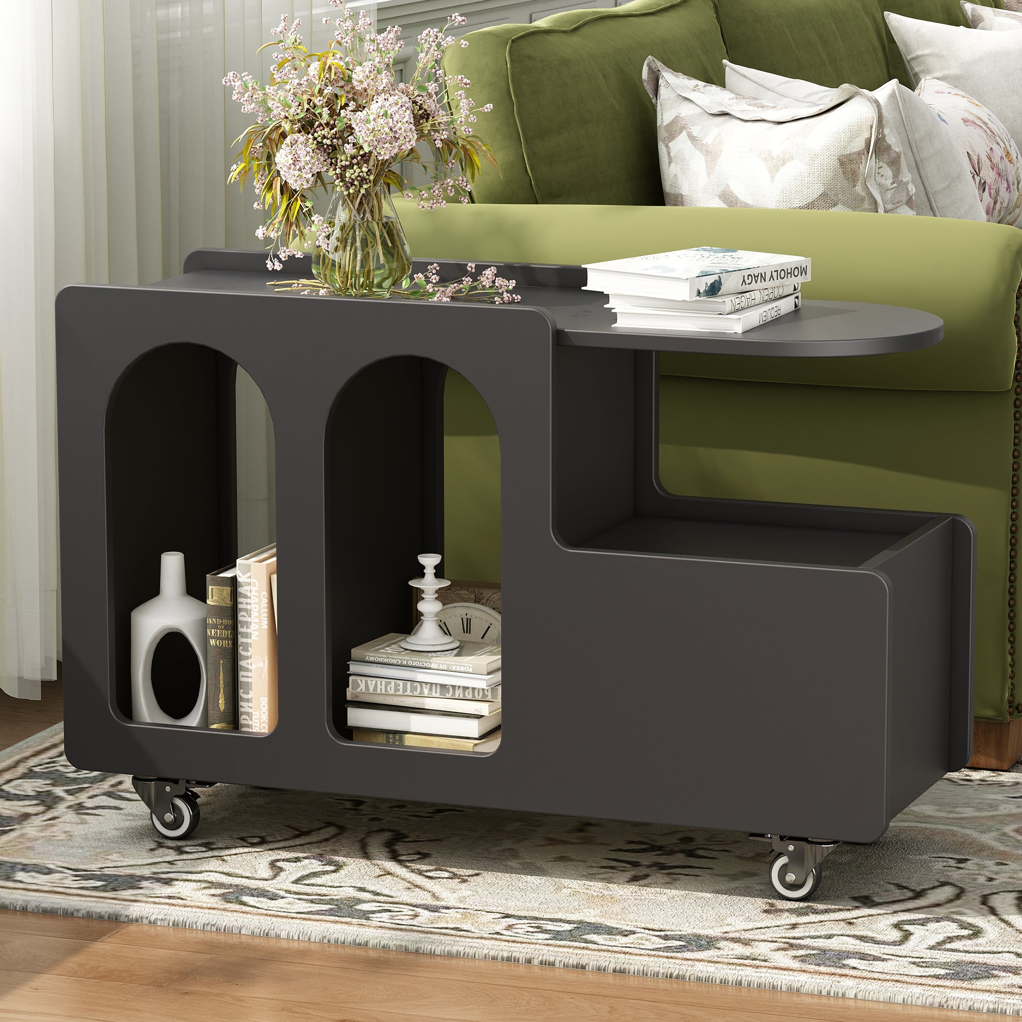 Mobile End Table With Lockable Wheels, Cream Style Side Table With Storage Drawer, 11.8Inch Narrow Nightstand With Multi Layer Storage, Living Room, Black Black Primary Living Space Mdf