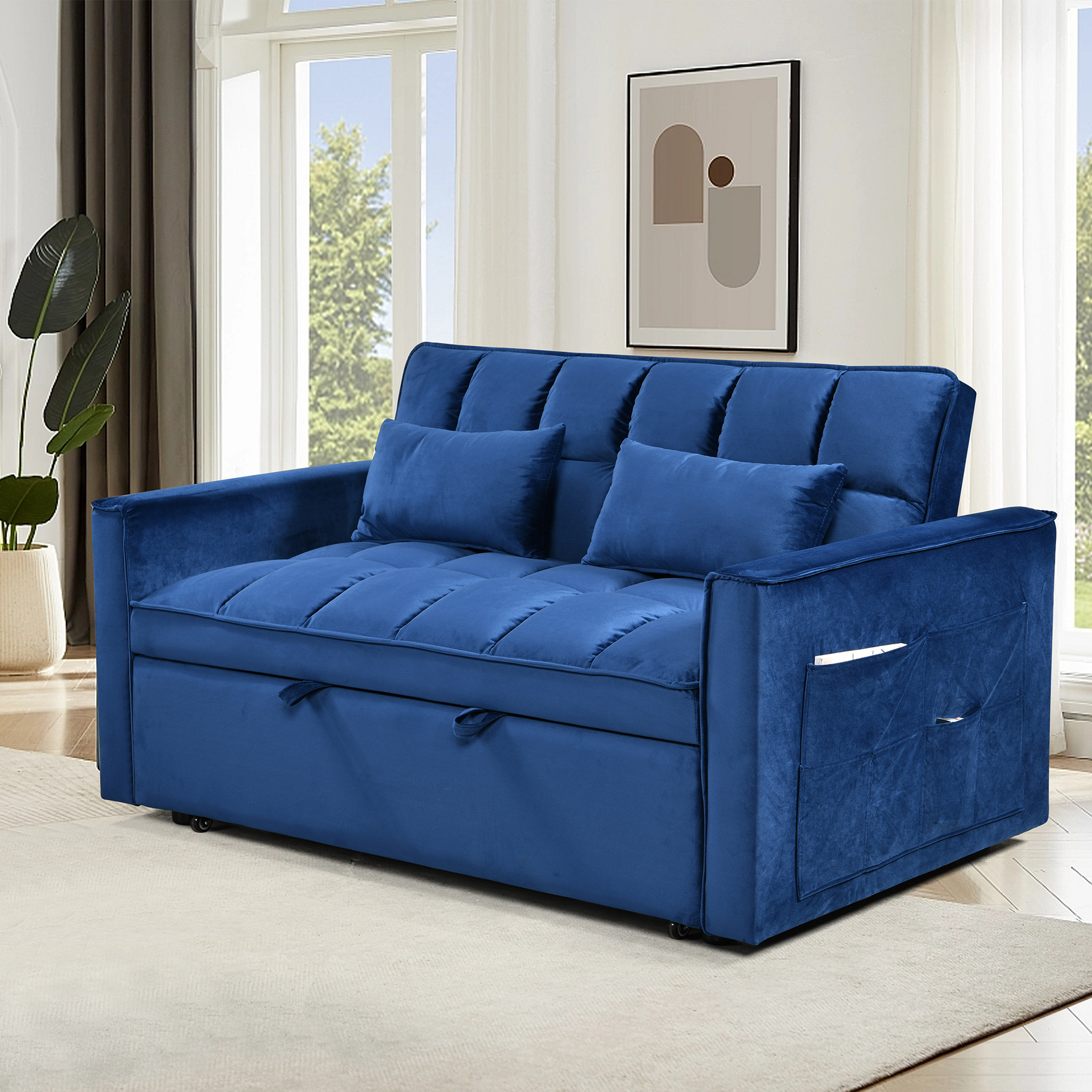 Modern Flannel Double Sofa With Folding Bed, Small Double Sofa With Three In One Convertible Sofa Bed, Adjustable Backrest And Storage Space, Including Pillows, Perfect For Living Room Or Bedroom Twin Blue Solid Wood