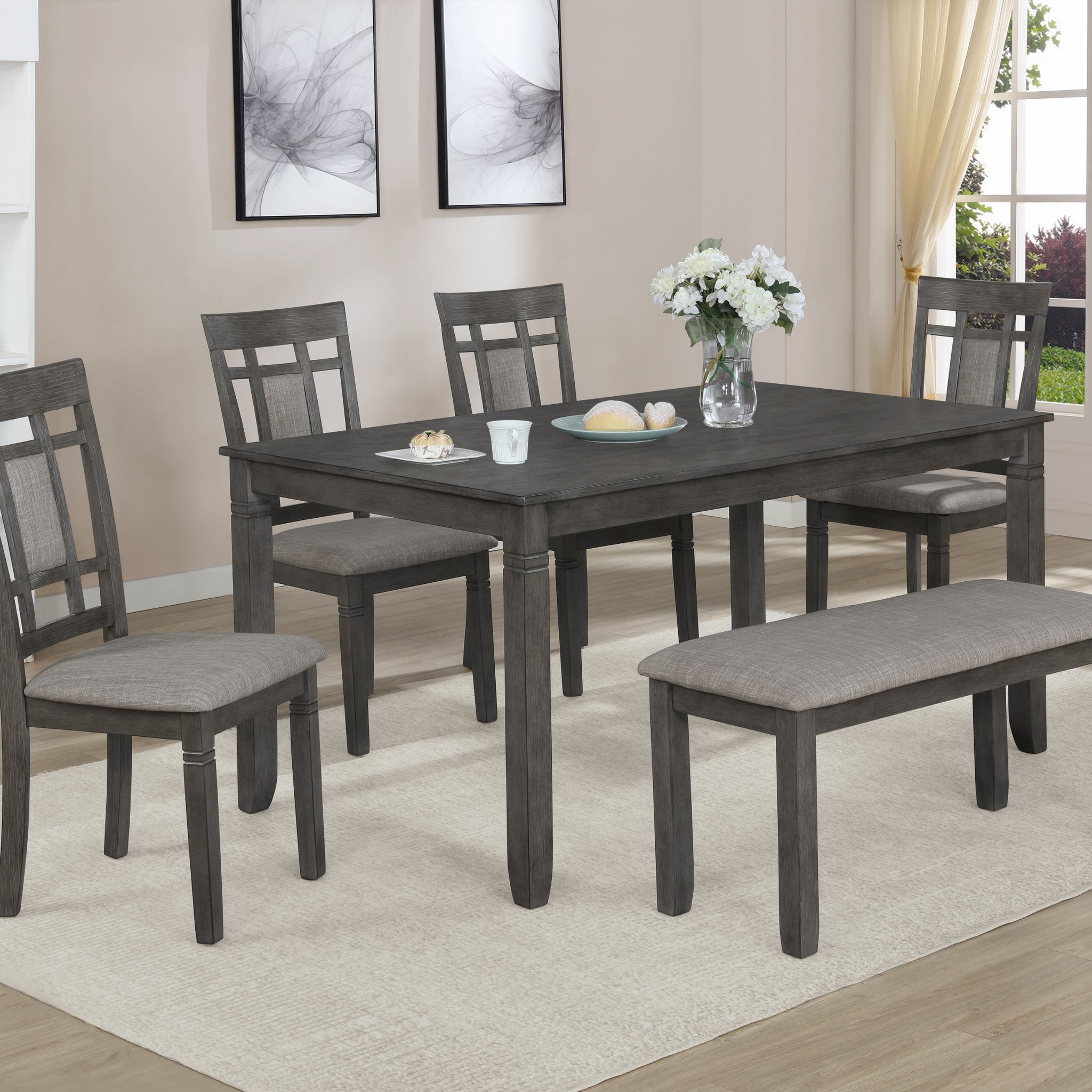 Beautiful 6 Pc Dinette Gray Finish Rectangular Table Upholstered Chairs Bench Dining Room Wooden Dining Set Furniture Transitional Contemporary Style Wood Wood Gray Seats 6 Wood Dining Room 60 Inches Fixed Table Transitional 4 Leg Rectangular Dining