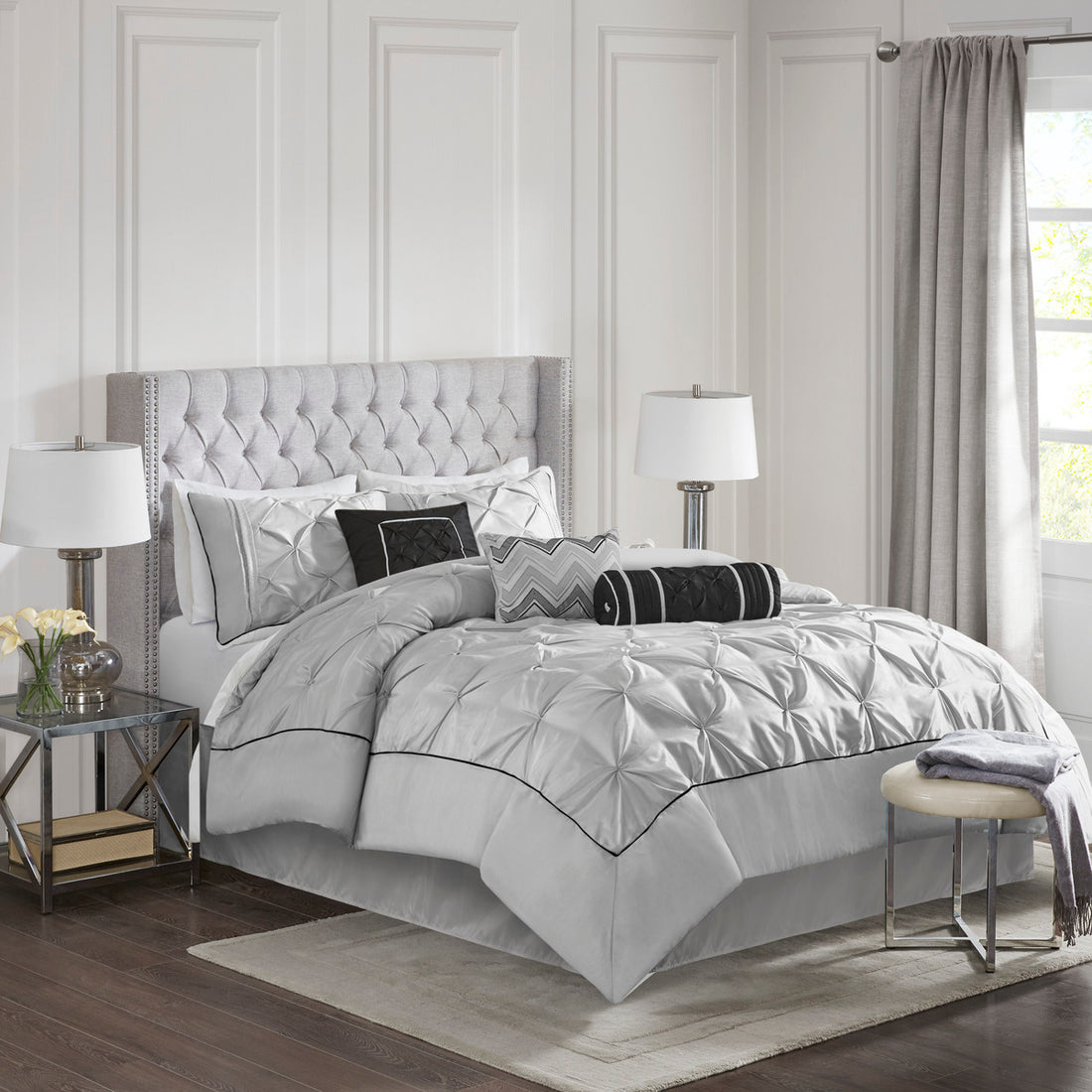 7 Piece Tufted Comforter Set Grey King King Grey Polyester