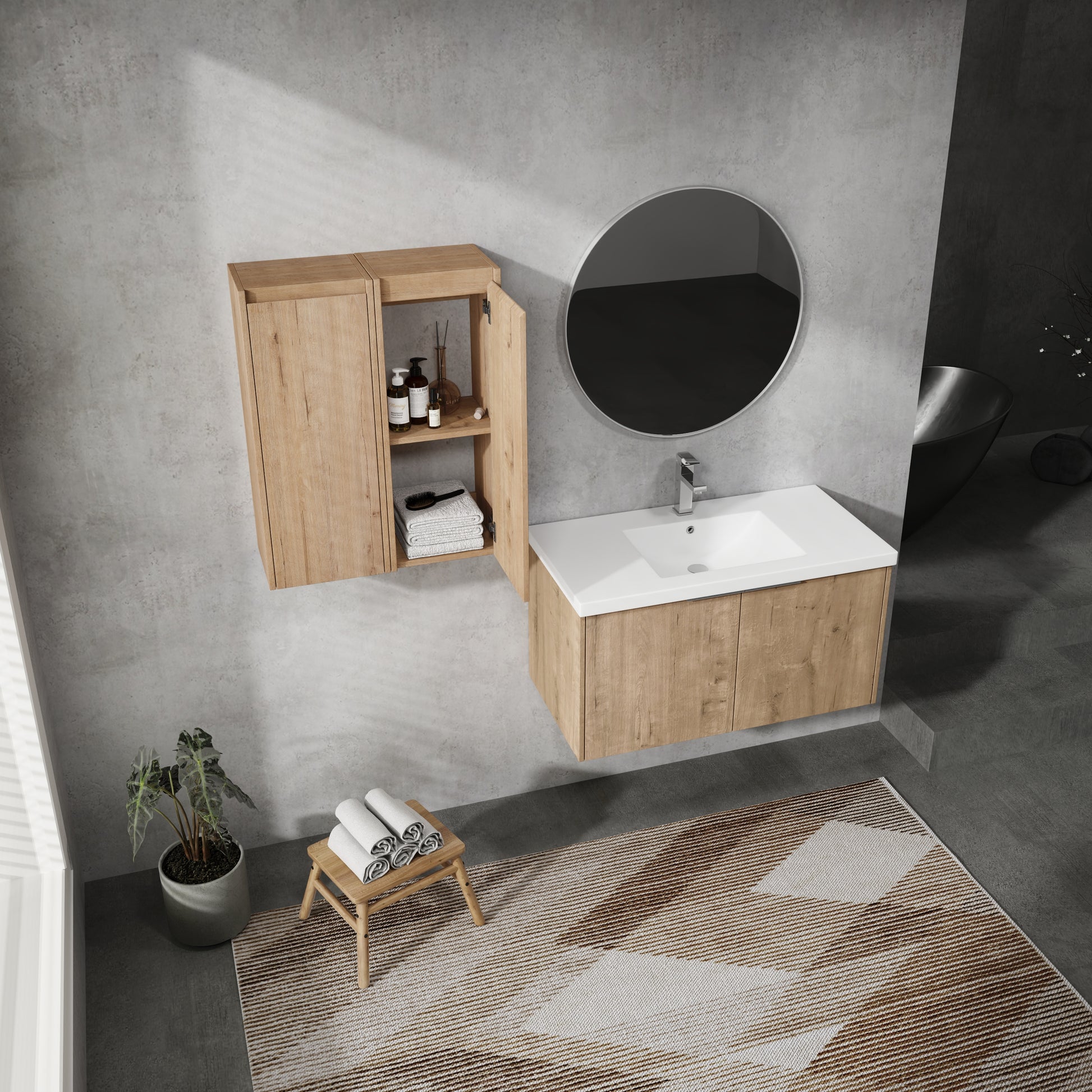 36" Wall Mounted Bathroom Vanity With Sink And Side Cabinet, Soft Close Doors,00112Imo X 2 00636Imo Combination Cabinet Kd Packing Imitative Oak Bathroom Modern Plywood Plywood