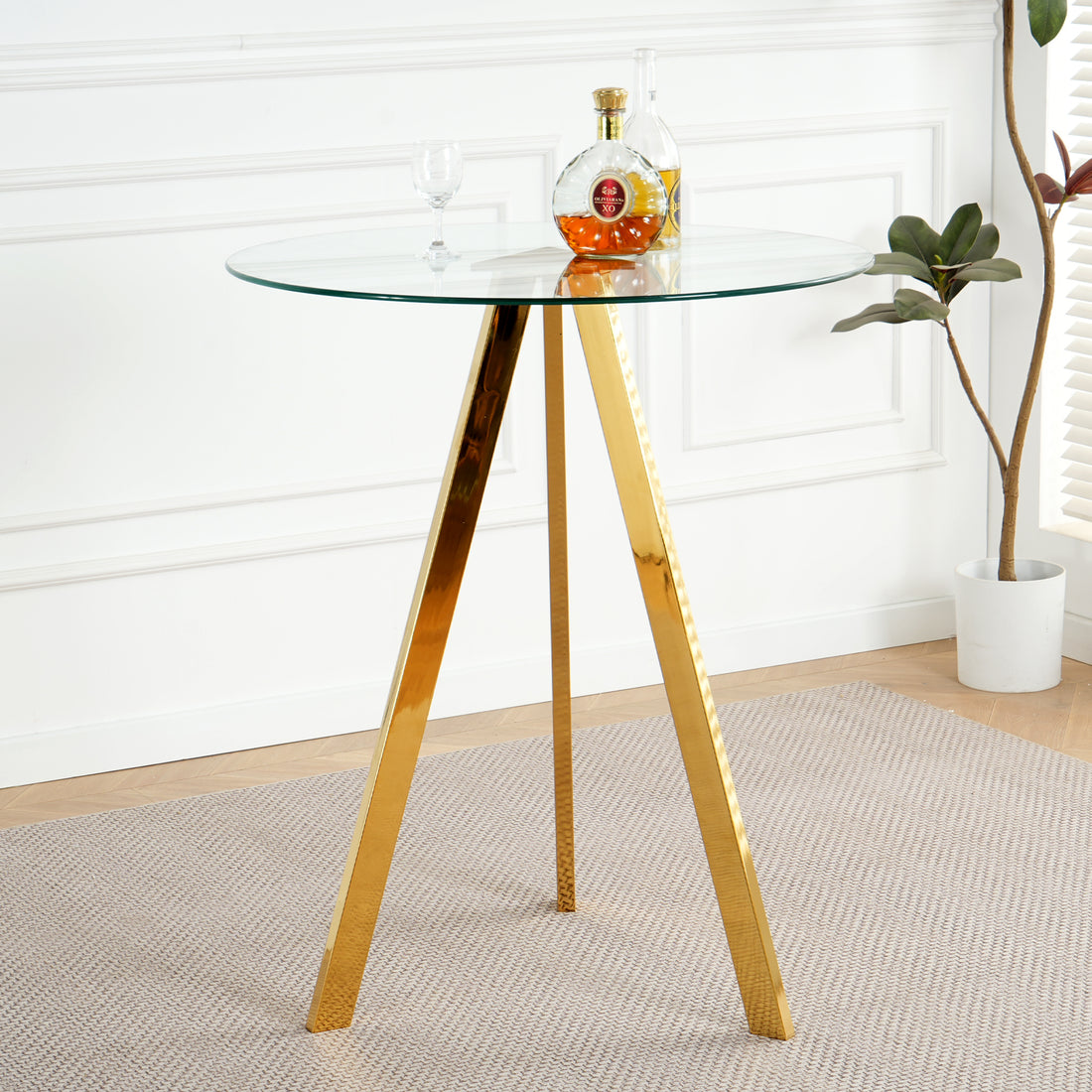 Modern Kitchen Glass Dining Table Round Tempered Glass 31.5" Bar Table Top,Clear Bar Table Metal Legs,Gold Plated Legs Set Of 1 Gold Round Glass