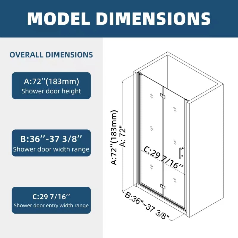 1 3 8" Adjustment,Universal Pivot Shower Door, With 1 4" Tempered Glass Chrome Aluminium Alloy