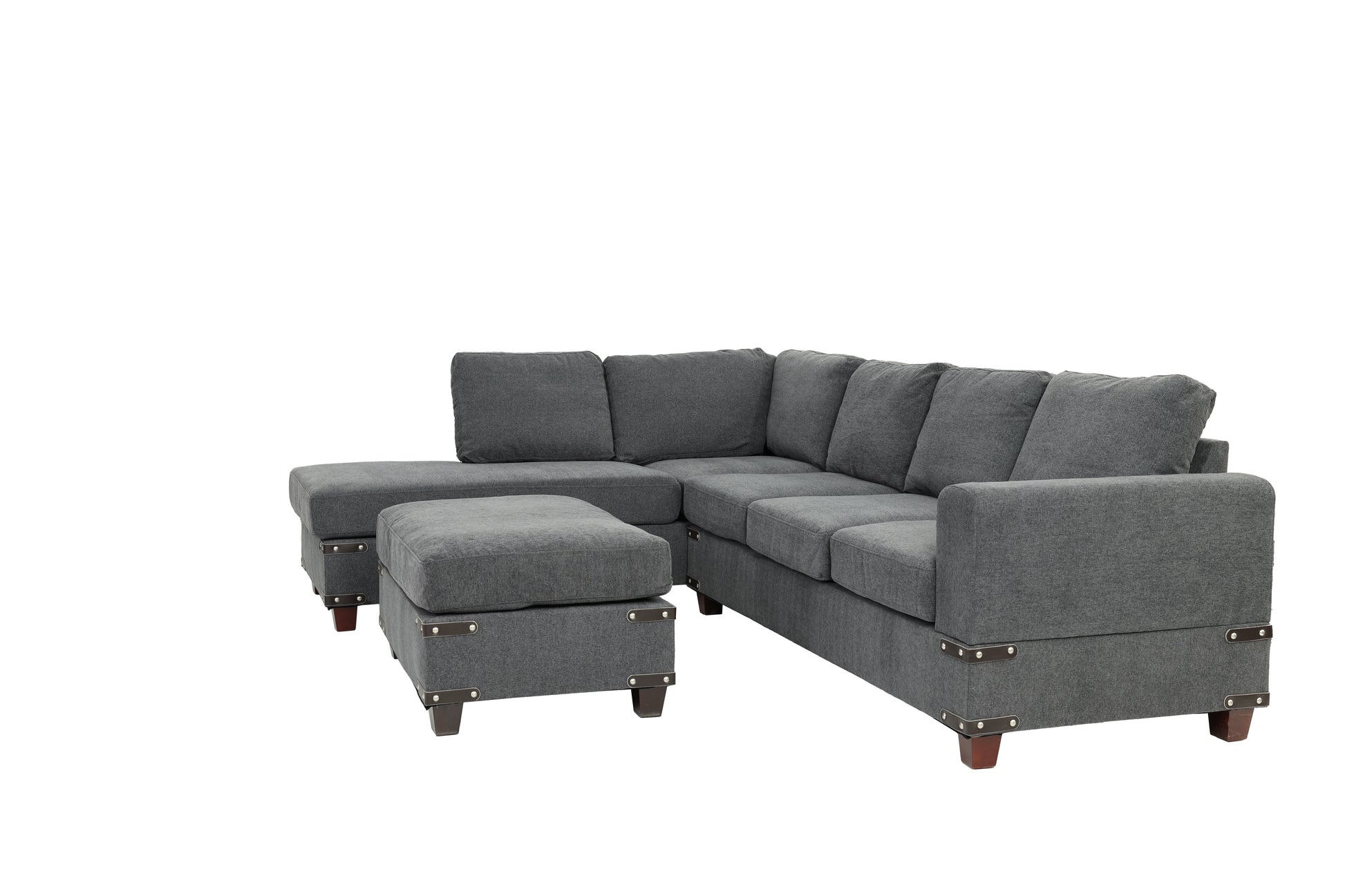 Living Room Furniture Charcoal Chenille Sectional W Ottoman Linen Like Fabric Sofa Reversible L R Chaise Ottoman 3Pc Sectional Sofa Charcoal Chenille Wood Primary Living Space Cushion Back