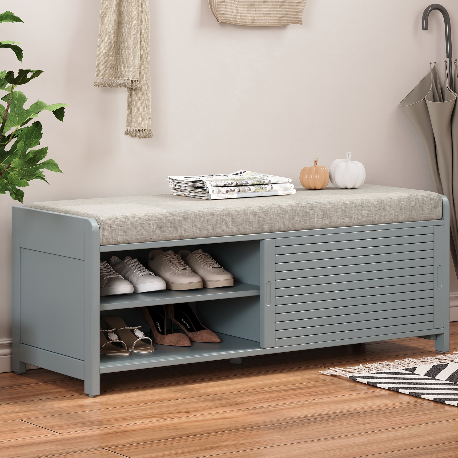 Distressed Shutter Storage Bench With Acacia Veneer For Retro Charm For Living Room, Entryway Grey Grey Mdf