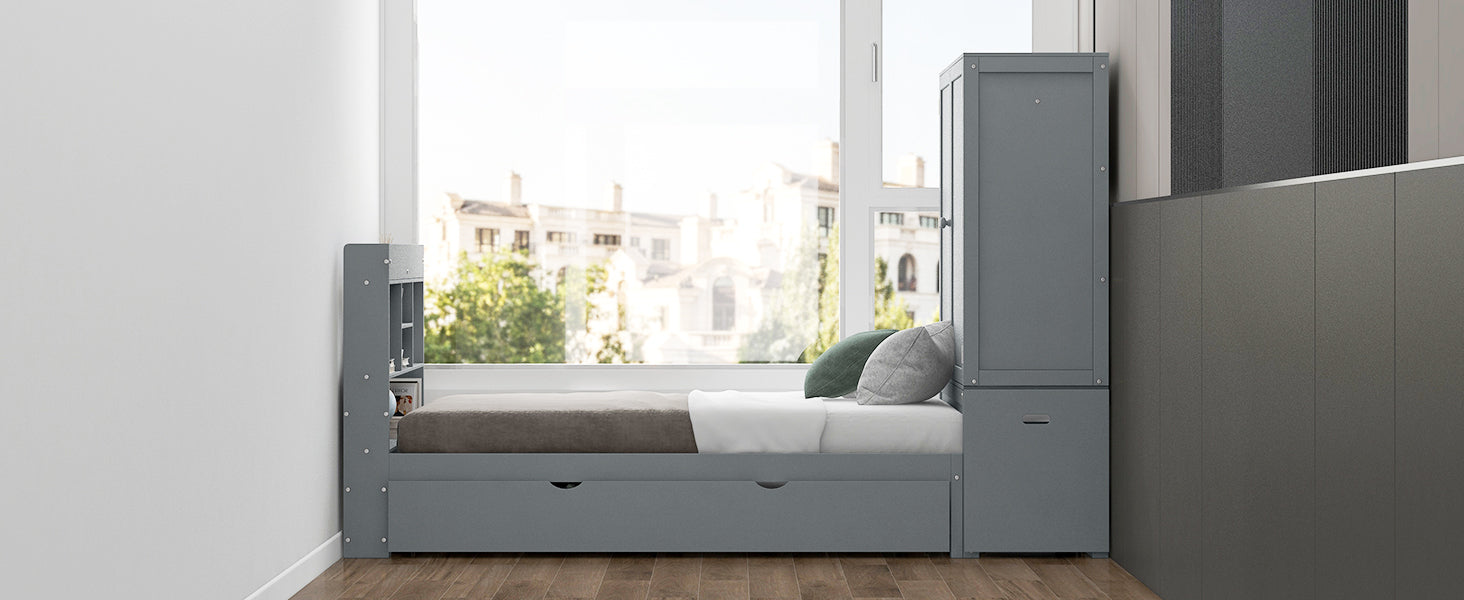 Twin Size Platform Bed With Storage Headboard And Footboard, Pull Out Shelves And Twin Size Trundle, Gray Box Spring Not Required Twin Gray Wood Bedroom Bed Frame Solid Wood Mdf