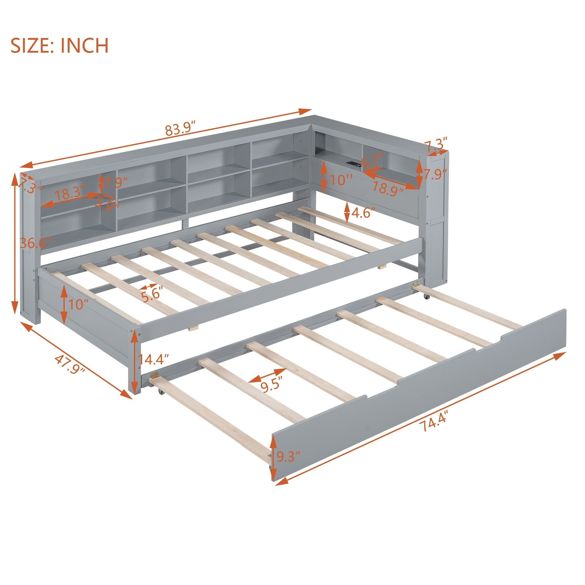 Wooden Twin Size Daybed With Twin Size Trundle, Daybed With Storage Shelf And Usb Charging Ports,Grey Twin Grey Wood