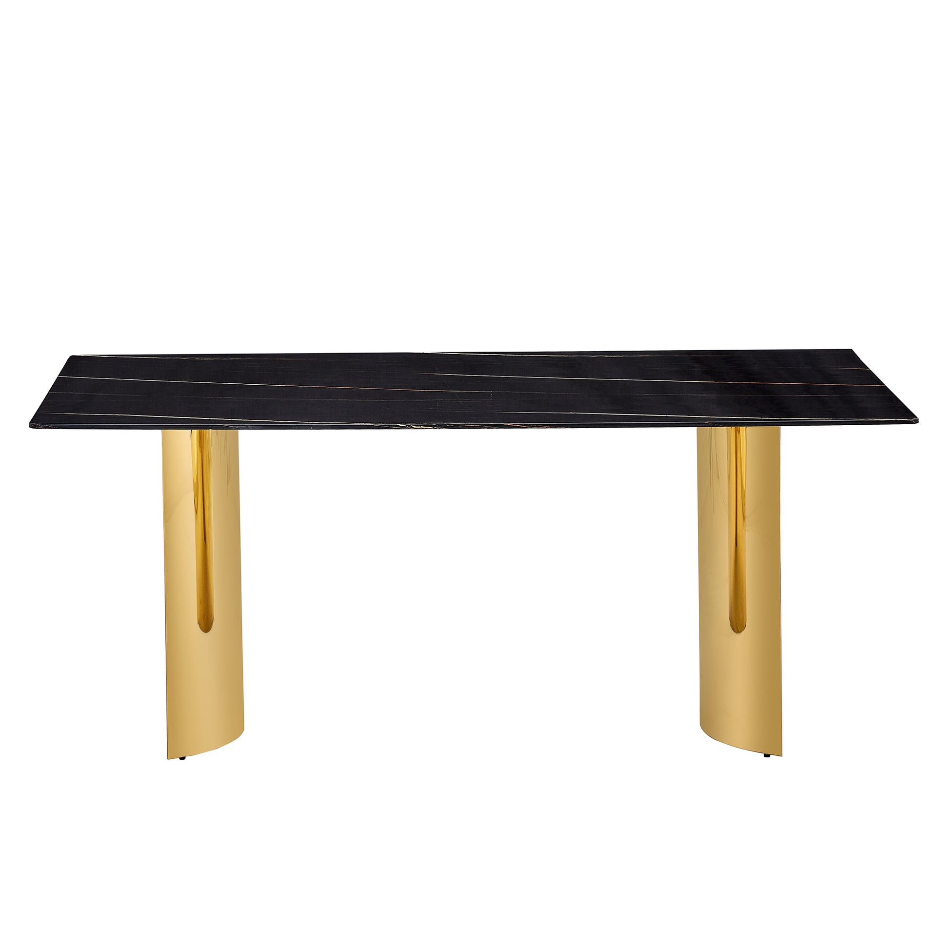 Table And Chair Set.The Table Has A Glass Top With Imitation Marble Pattern Stickers And Stainless Steel Golden Legs. Paried With Chairs With Pu Artificial Leather Backrest Cushions And Black Legs. Black Gold Seats 8 Glass Metal