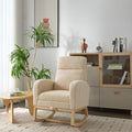Modern Accent Rocking Chair Rocking Chair With Solid Wood Legs, Upholstered Nursery Glider Rocker, Comfy Armchair With Side Pocket, Living Room Lounge Arm Chair With High Backrest Teddy Beige Rubber