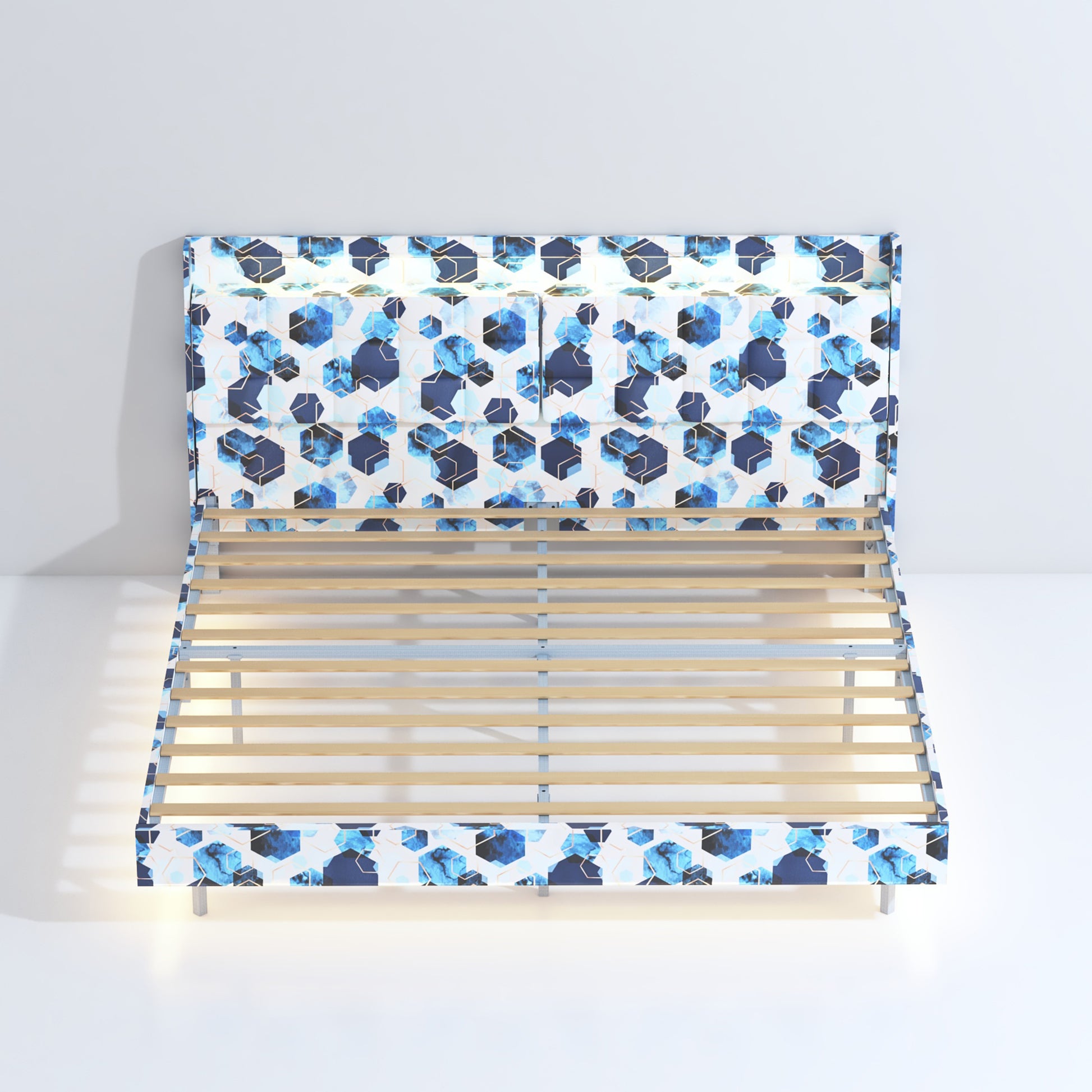 King Floating Bed Frame With Led Light And Charging Station Upholstered Platform Bed Frame King Size With Headboard And Hidden Storage Space, No Box Spring Needed, Blue Box Spring Not Required King Blue Geometry Metal Bedroom Bed Frame Velvet Velvet