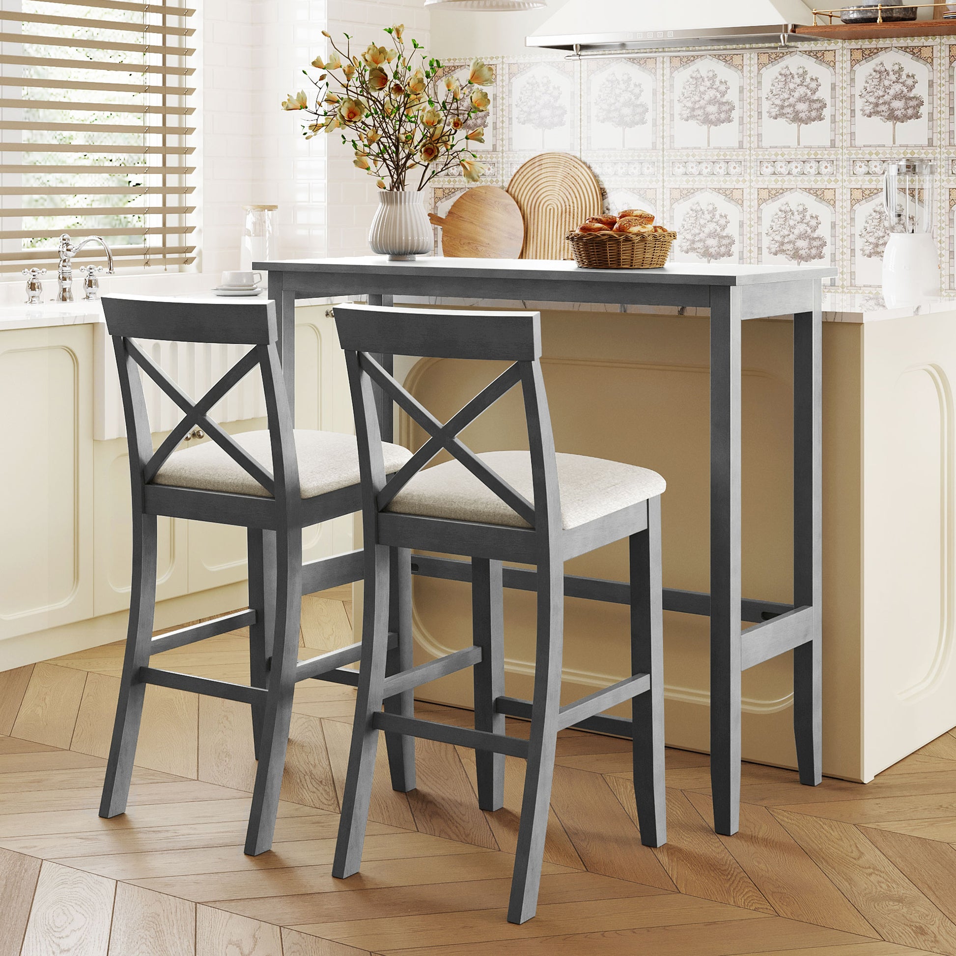 Farmhouse 48"Rectangular Wood Bar Height Dining Set Kitchen Breakfast Nook With 2 Chairs For Small Places,Gray Gray Wood Dining Room Solid Wood Acacia Rectangular Dining Table With Chair Upholstered Chair Wood Gray Solid Back Seats 2 48 Inches Farmhouse