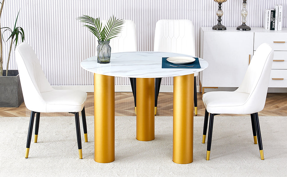 Table And Chair Set, Round Table With White Marble Pattern, Gold Mdf Table Legs, Soft And Comfortable Dining Chair, Suitable For Kitchen And Living Room White Mdf