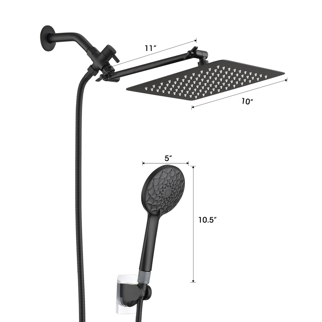 10" Matte Black Rainfall Shower Head And Handheld Combo With 11" Extension Arm, 6 Spray Modes Matte Black Stainless Steel