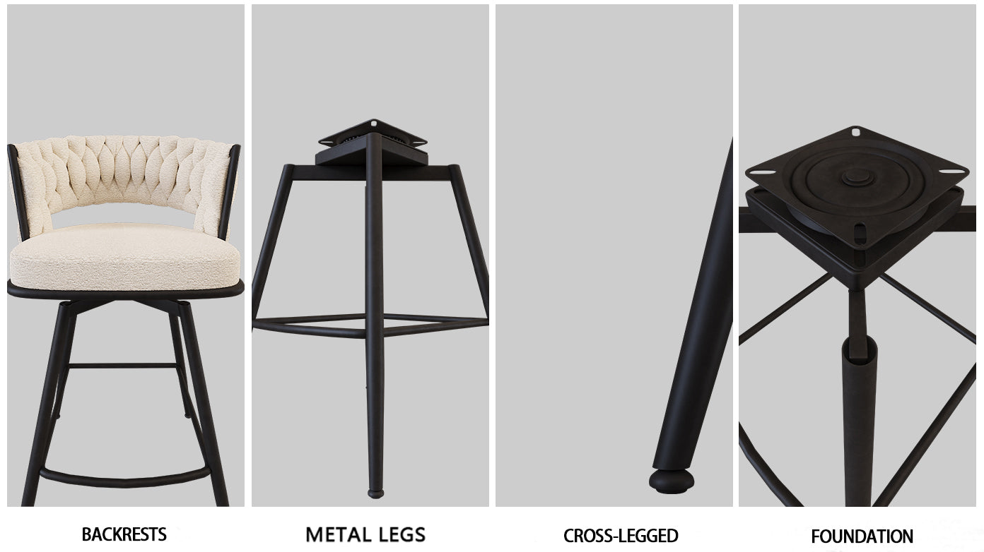 Bar Chair Toweling Woven Bar Stool Set Of 2, Black Legs Barstools No Adjustable Kitchen Island Chairs,360 Swivel Bar Stools Upholstered Counter Stool Arm Chairs With Back Footrest, White White Foam Linen