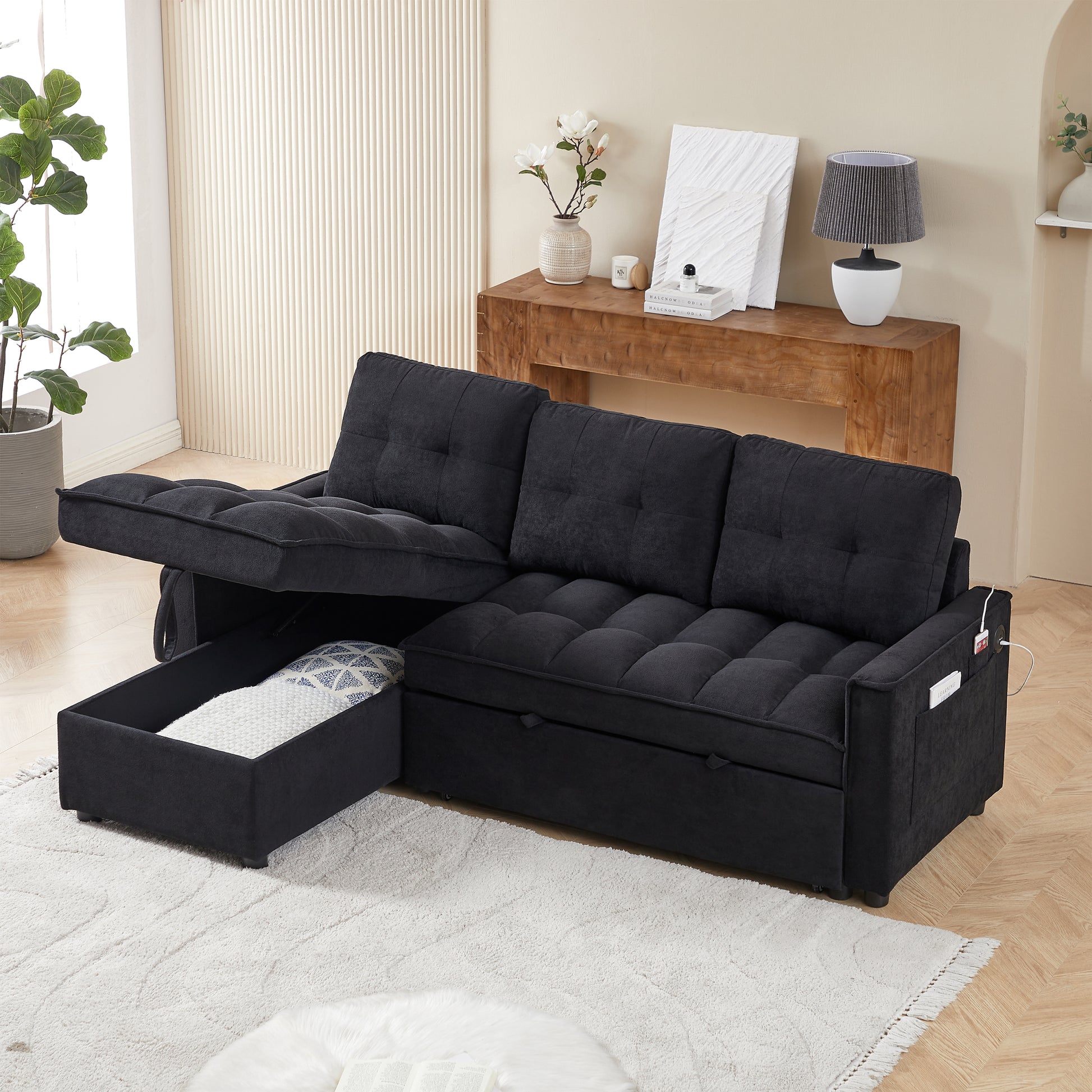 Mh 78.75" Reclining Sofa, Pull Out Sofa Bed With Usb And Tape C Charging Ports, L Shaped Sectional Sofa With Reclining Storage And Arm Side Organizer Pocket Features, Living Room Comfort Sofa Black Chenille Wood Primary Living Space Eucalyptus Foam