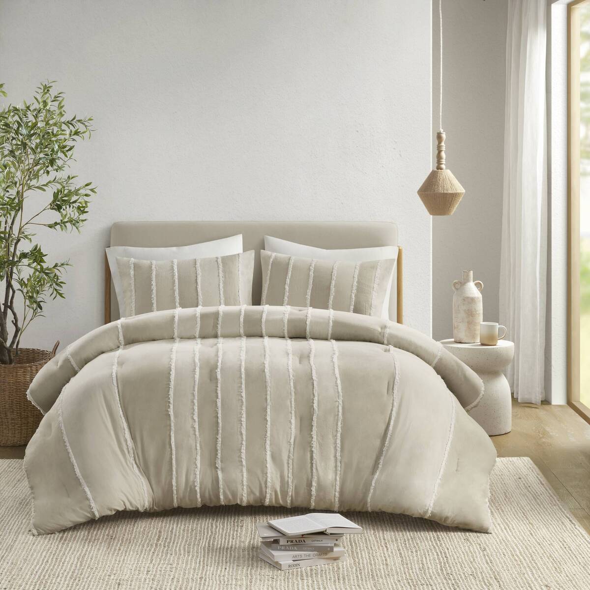 3 Piece Striped Cotton Comforter Set Taupe King Cal King Taupe Cotton
