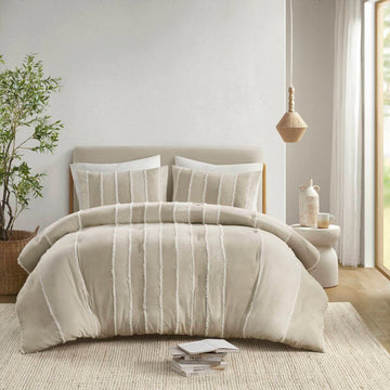 3 Piece Striped Cotton Comforter Set Taupe King Cal King Taupe Cotton