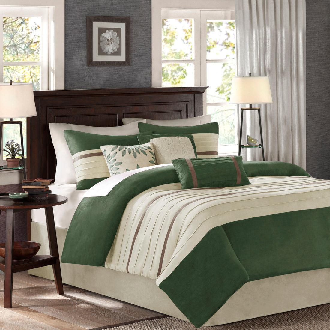 7 Pc Pieced Faux Suede Comforter Set Green Queen Queen Green Polyester