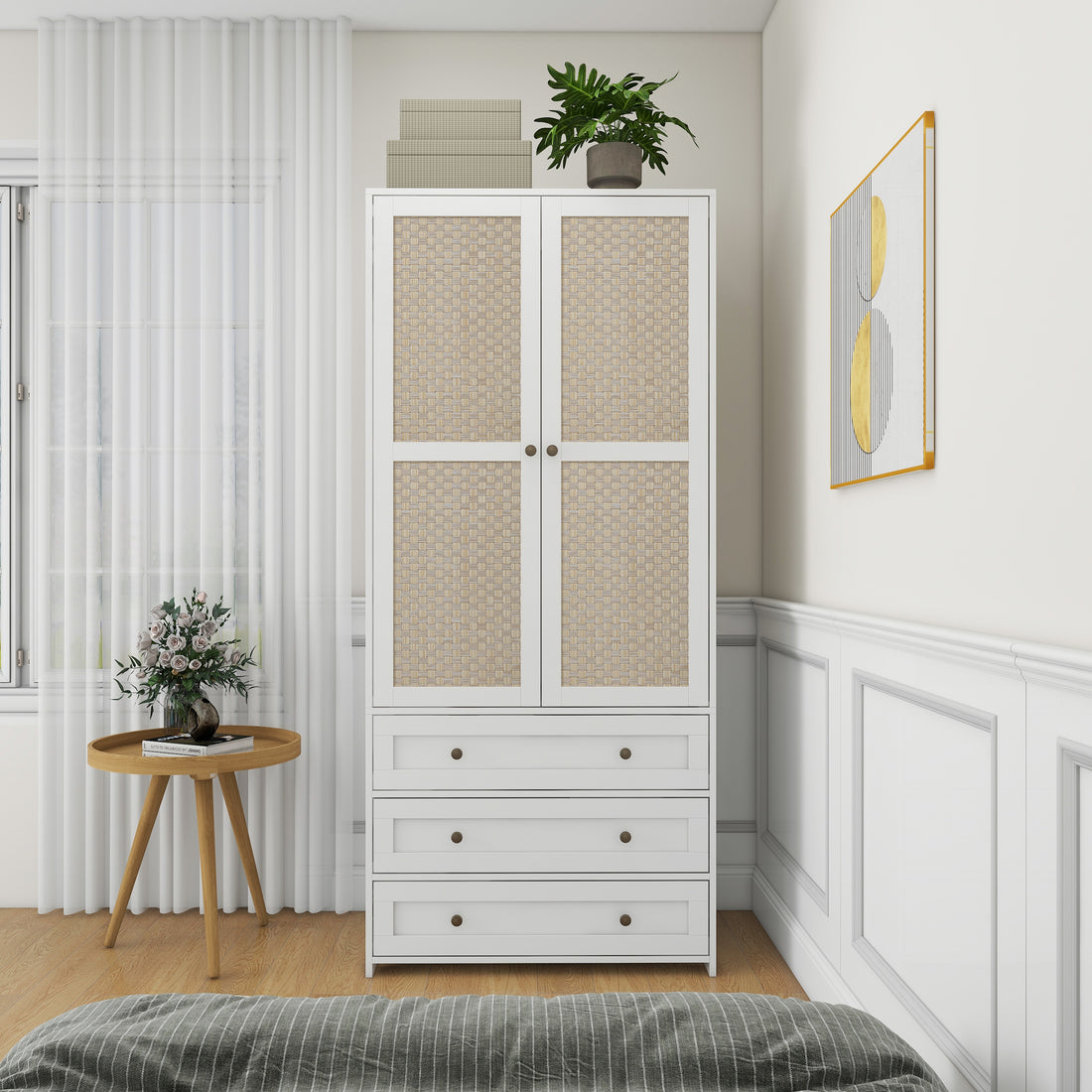 2 Door Wardrobe With 3 Drawers High Wardrobe Armoire With 2 Rattan Door For Living Room, Bedroom Organizer White Particle Board Mdf