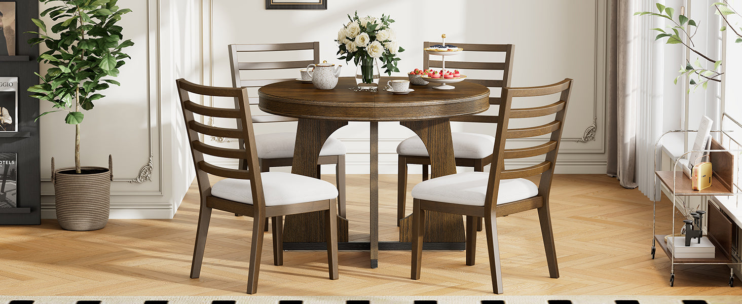 5 Piece Retro Rustic Functional Dining Set Unique Geometric Design, 1 Extendable Table With A 16 Inch Leaf And 4 Upholstered Chairs Ideal For Dining Room And Kitchen Walnut Walnut Solid Wood Mdf