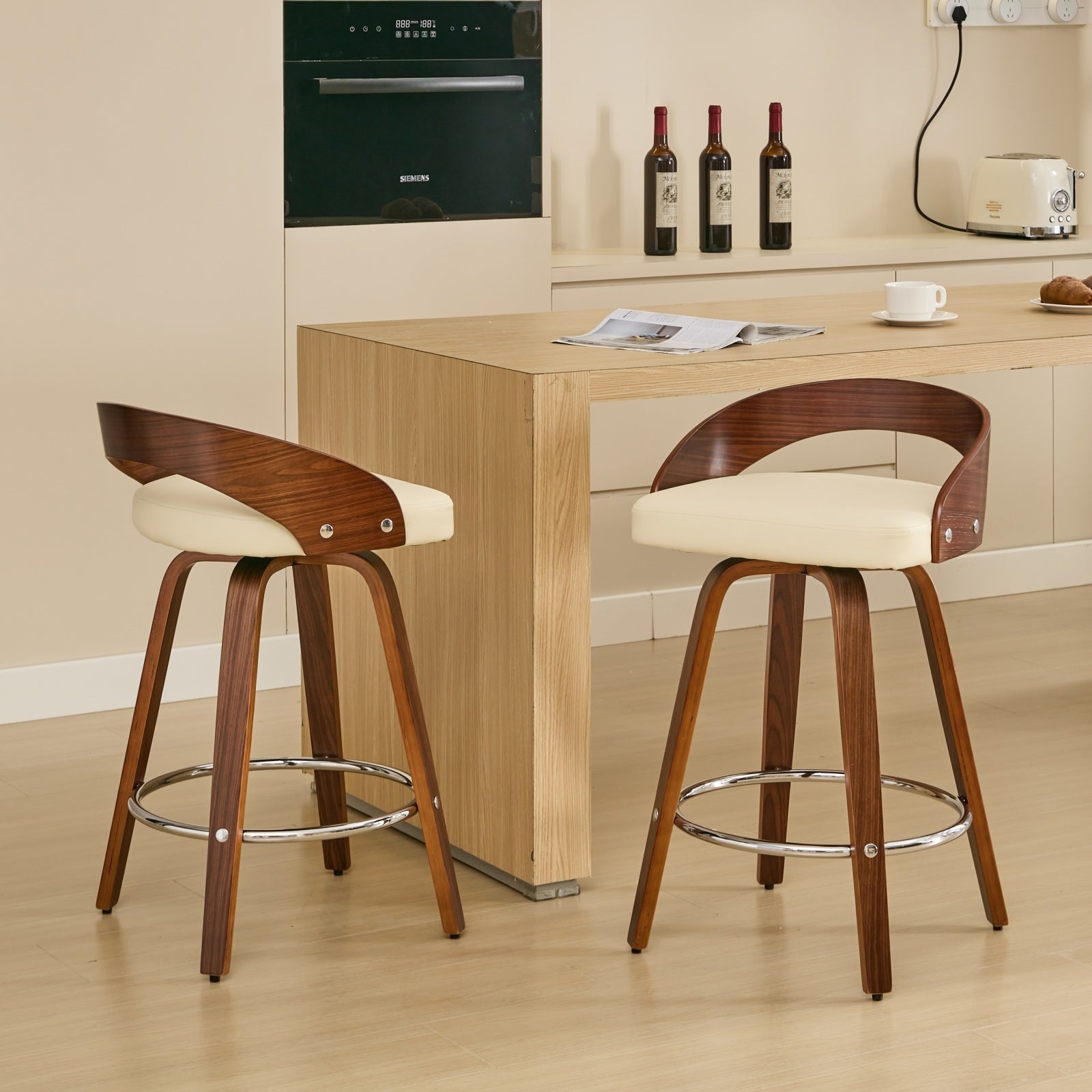 Bar Stools Set Of 2, Swivel Bar Height Stools With Low Back, Wood Bar Chairs With Soft Cushion Seat, 25 Inch Seat Height Beige, 25" Counter Height Beige Dining Room American Design,Classic Set Of 2 Foam Pu Leather