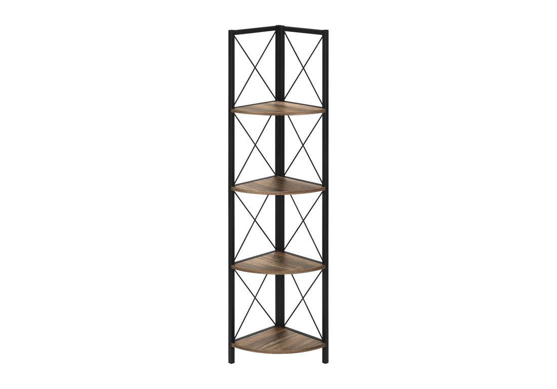 Bookshelf, Bookcase, Etagere, Corner, 4 Tier, 60"H, Office, Bedroom, Brown Laminate, Black Metal, Contemporary, Modern Brown Metal