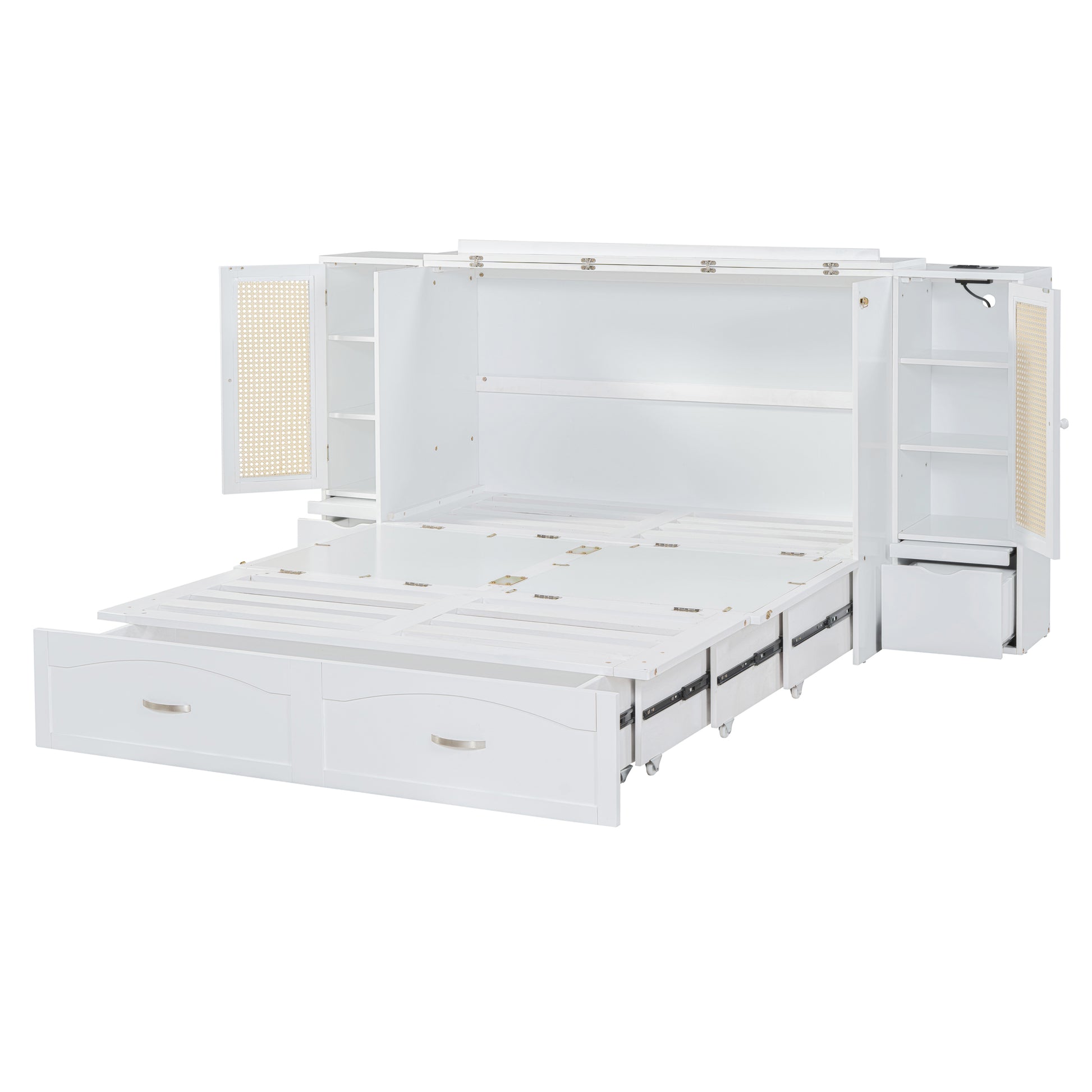 Queen Size Murphy Bed Wall Bed With Drawer And Rattan Decoration With 2 Storage Cabinets, One Set Of Sockets & Usb Ports, Pulley Structure Design, White Queen White Plywood