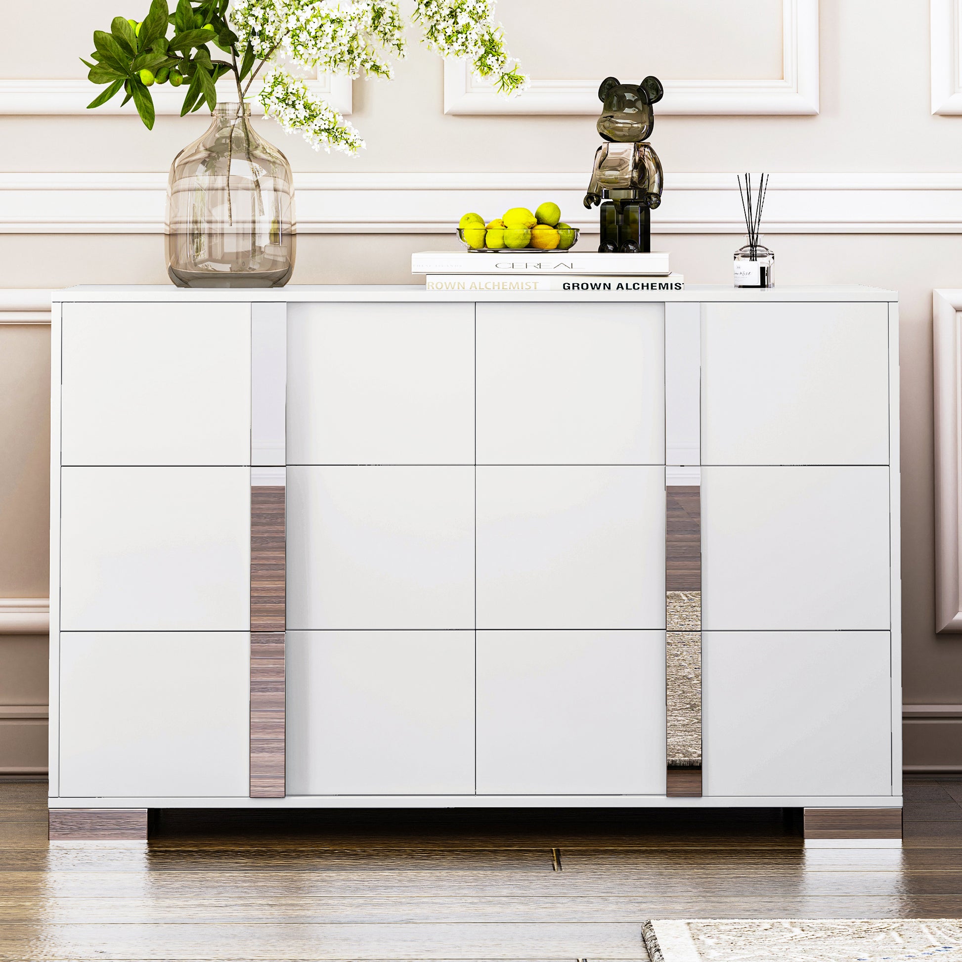 Elegant Modern Dresser With Metal Handle,Mirrored Storage Cabinet With 6 Drawers For Bedroom,Living Room,White White Mdf Metal