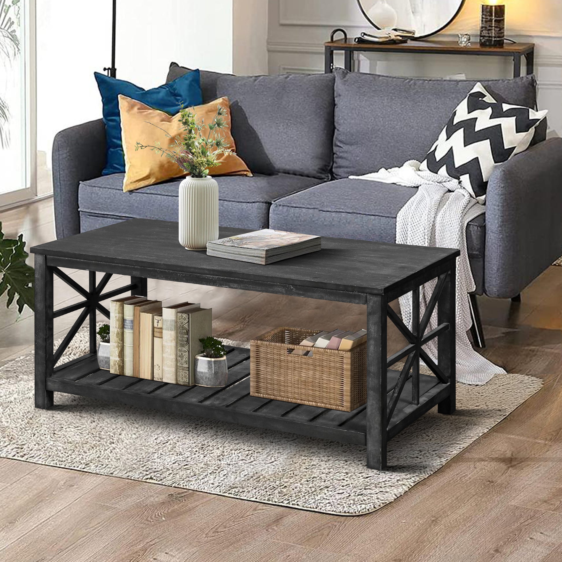 47 Inch Modern Coffee Table With Storage Shelf, Farmhouse Rectangle Living Room Center Table For Small Spaces,Easy Assembly Antique Black Antique Black Ergonomic Primary Living Space American Design Floor Mount Open Storage Coffee & End Tables