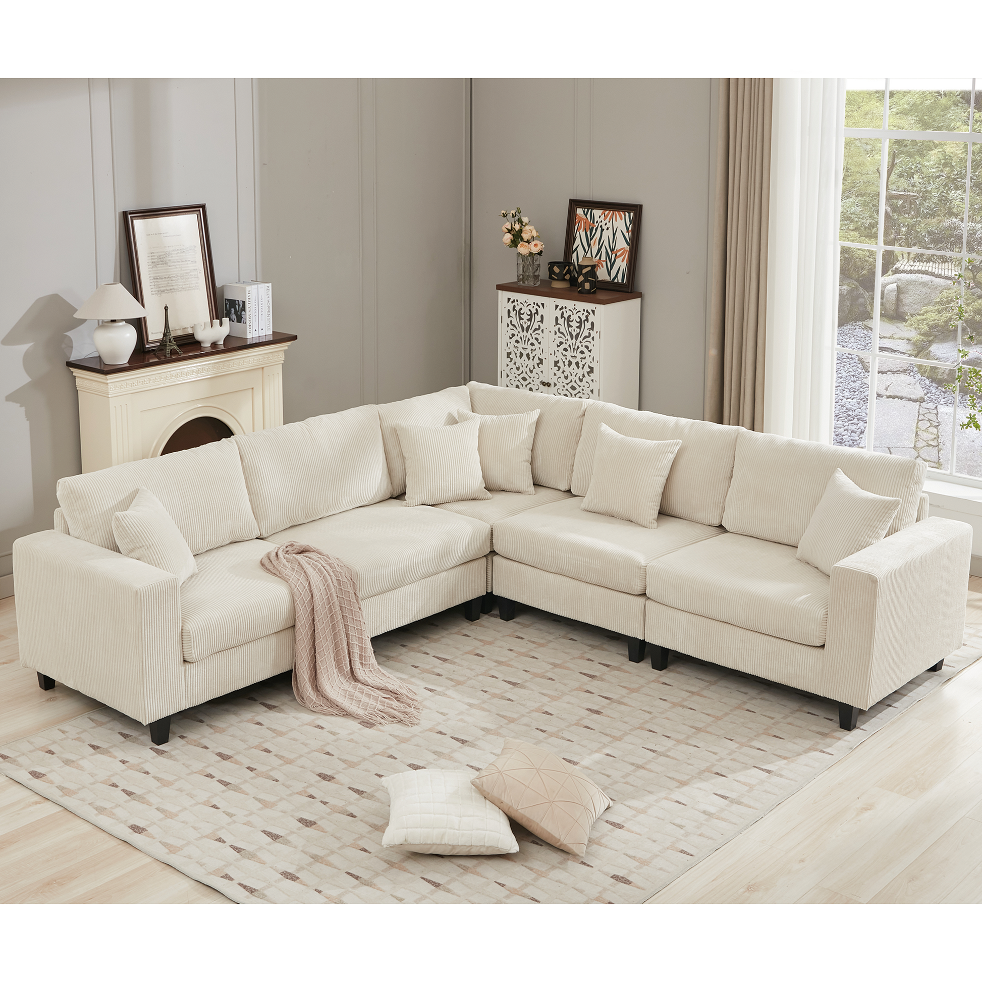 Packaging Upgrade Oversized Modular Sectional Sofa Set, L Shaped Couch,Corduroy ,Upholstered,Deep Seat,5 Seat,5 Throw Pillow And 6 Back Cushion,Living Room, Apartment ,Beige Beige Polyester Wood