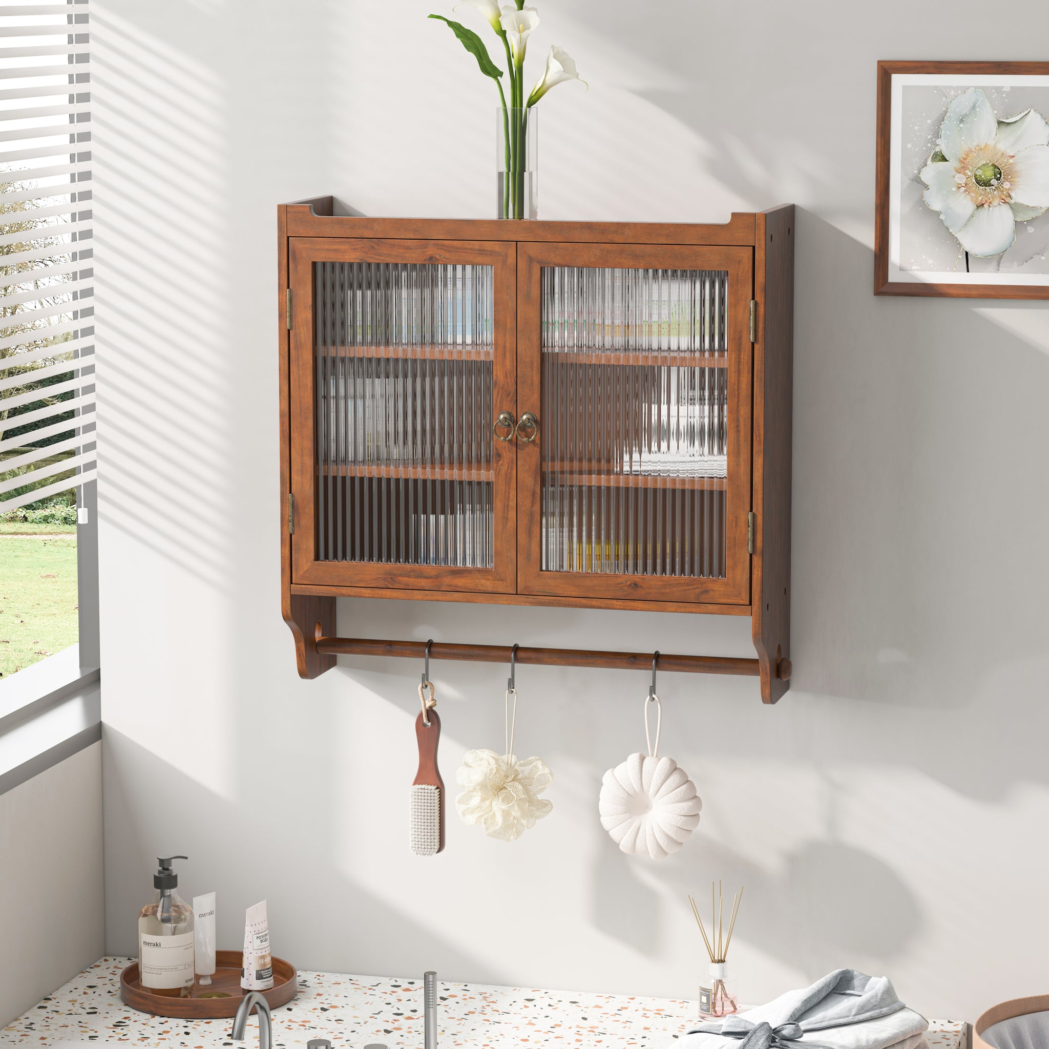 24.8"Glass Door Vintage Double Door Wall Cabinet With Three Tiers Of Storage With Towel Rack, For Bathroom, Kitchen,Dining Room,Brown Brown Glass