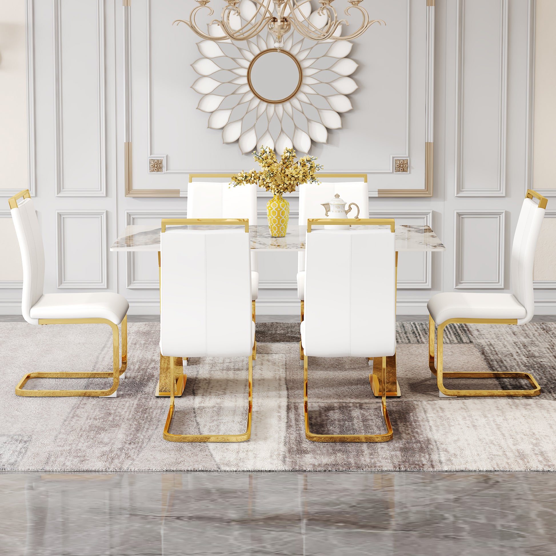 Table And Chair Set, Rock Plate Table Top, Gold Metal Table Legs, Stable And Beautiful, Suitable For Most Home Styles. Modern Simple Dining Table, Comfortable Seating. White Gold Seats 6 Sintered Stone