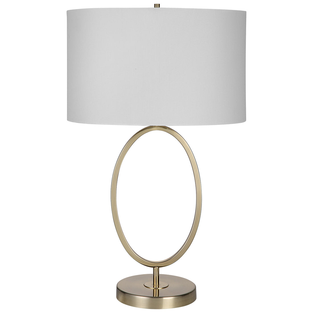 27 Inch Metal Table Lamp, Oval Center Ring, Gold, White Gold White Fabric Metal