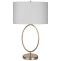 27 Inch Metal Table Lamp, Oval Center Ring, Gold, White Gold White Fabric Metal