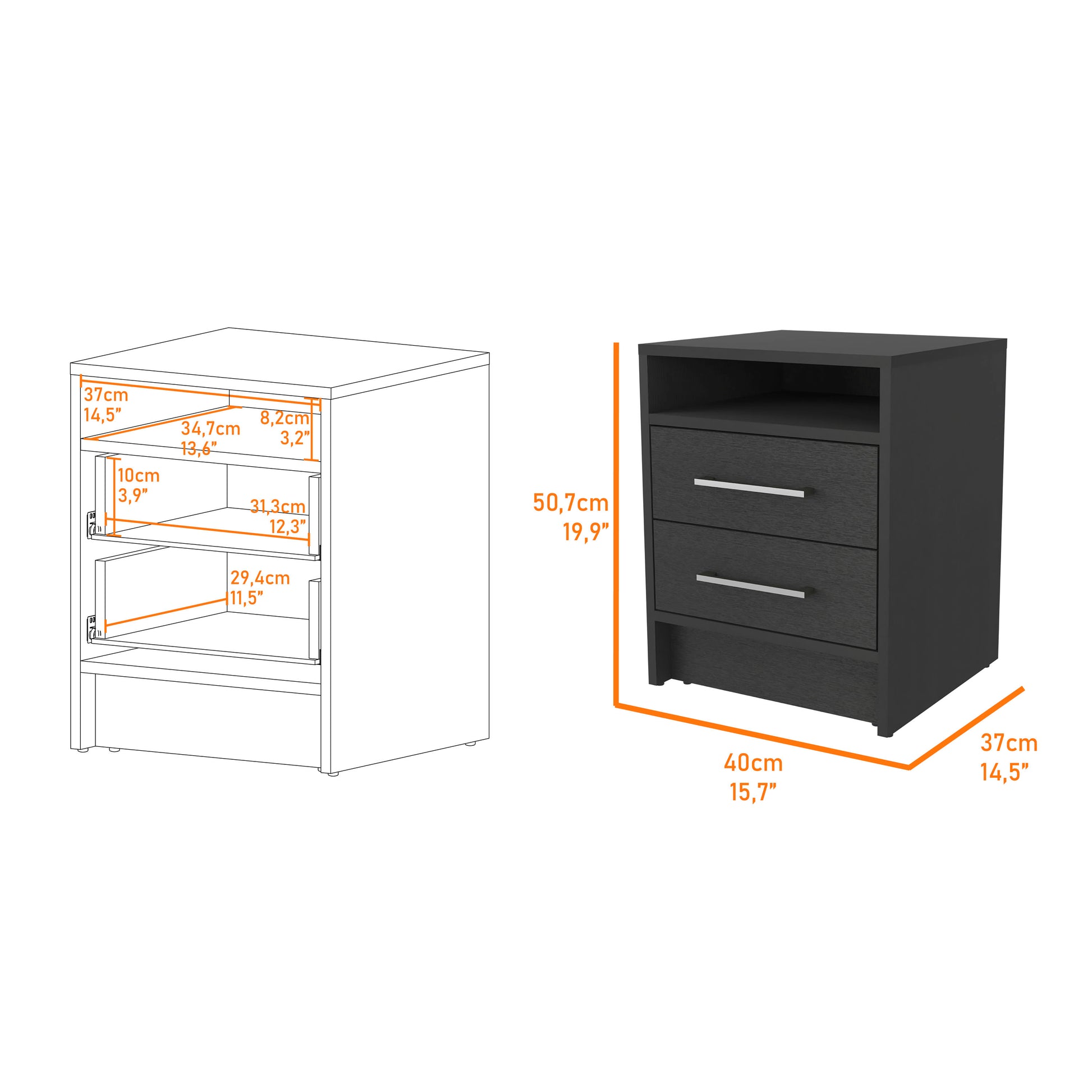 Philadelphia Nightstand, Two Drawers, Concealed Shelf Black 2 Drawers Bedroom Rectangle Modern Shelf Mdf Engineered Wood