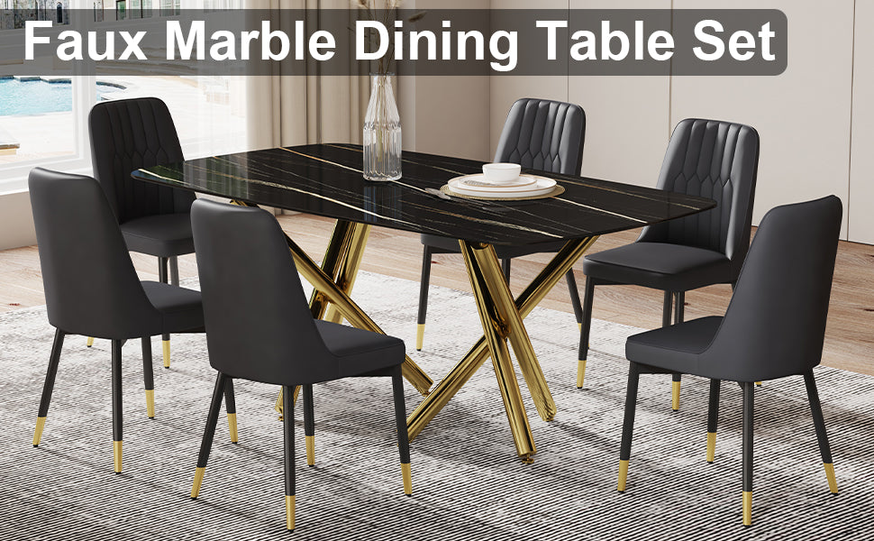 Large Modern Minimalist Rectangular Dining Table With 0.39 "Imitation Marble Black Desktop And Gold Metal Legs, Paired With 6 Chairs With Pu Cushions And Black Metal Legs.F 1538 C 007 Black Gold Glass Metal