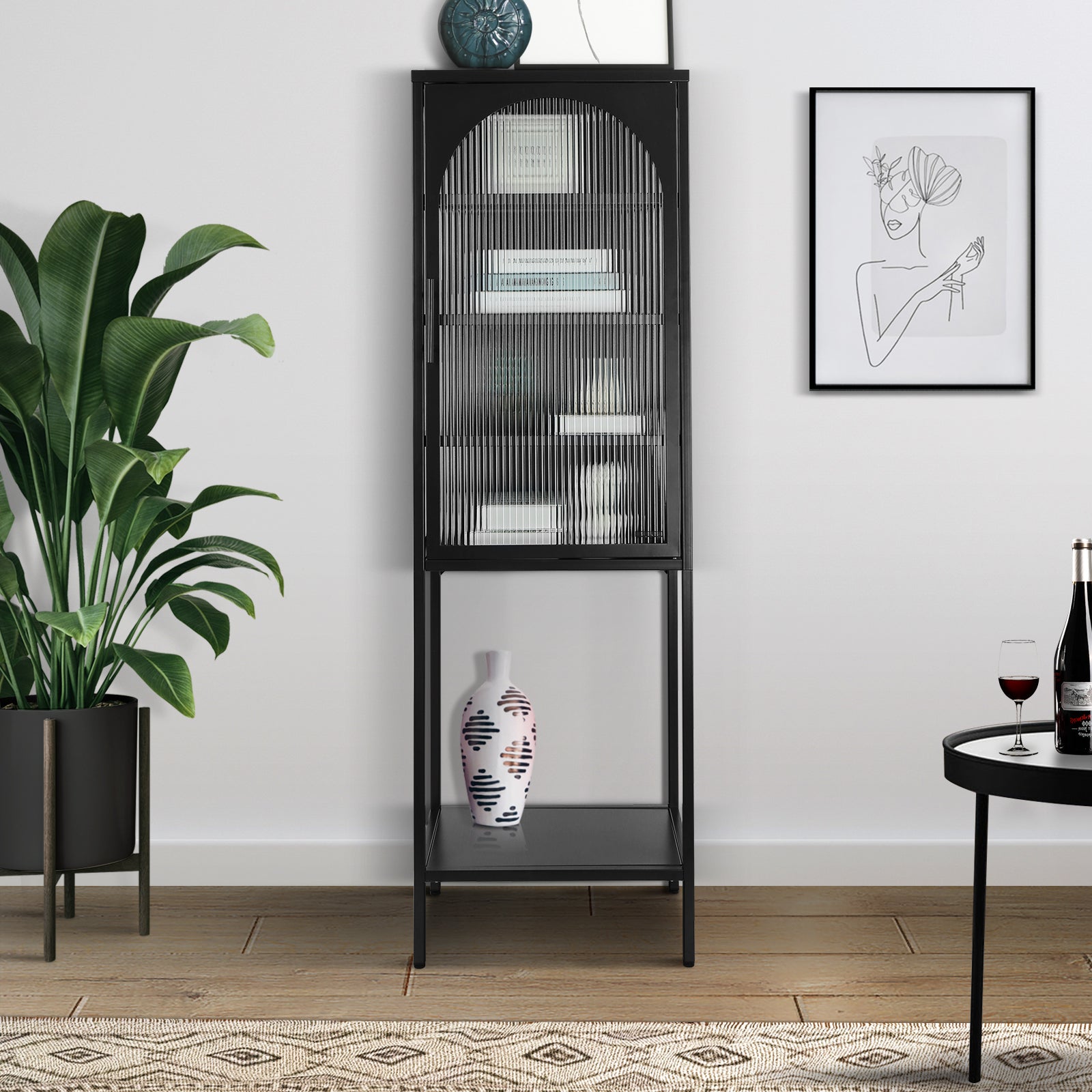 Stylish Tempered Glass High Cabinet With Arched Door Adjustable Shelves And Feet Anti Tip Dust Free Fluted Glass Kitchen Credenza Black Black Tempered Glass Sheet Metal Plastic