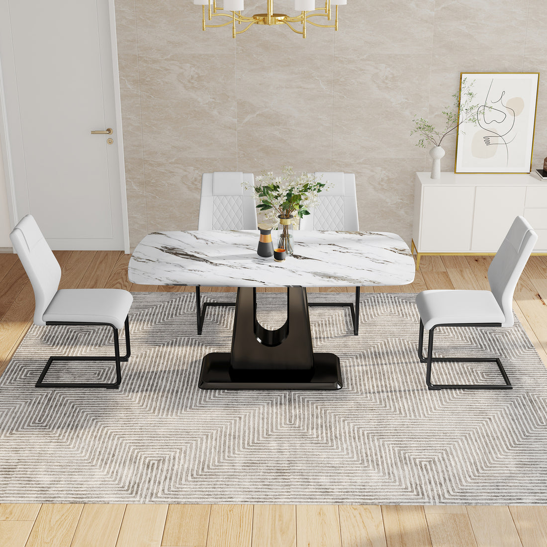 Table And Chair Set, Modern And Minimalist Dining Table, Imitation Marble Patterned Tabletop, Mdf Legs With U Shaped Brackets. Paired With Comfortable Chairs, Suitable For Dining And Living Rooms. Black Mdf Glass