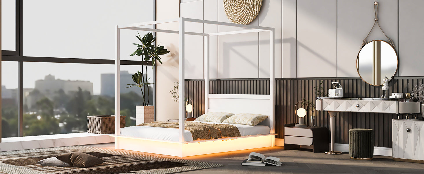 Queen Size Wood Led Canopy Bed ,Canopy Platform Bed With Support Slats, No Box Spring Needed, White Queen White Plywood