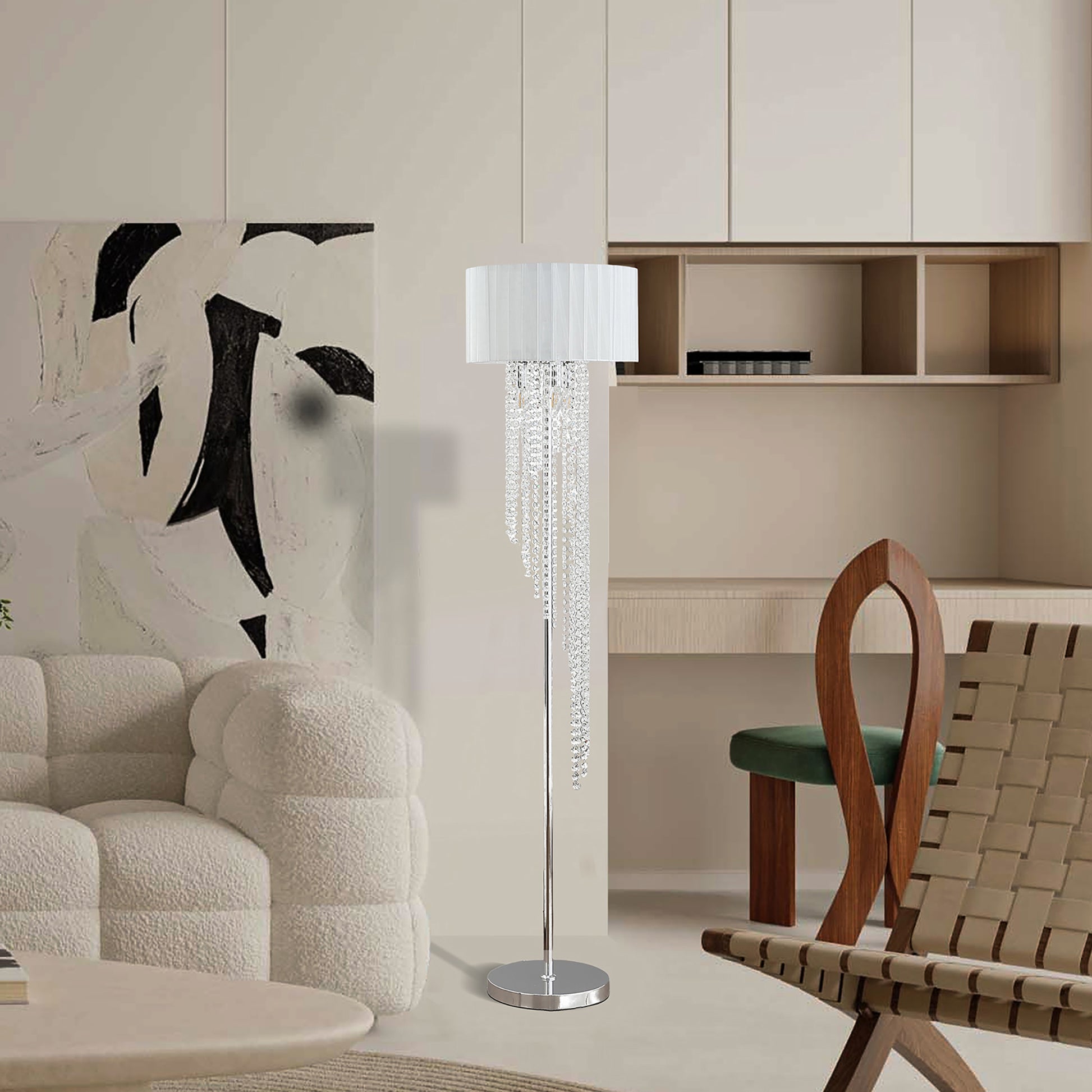 65.75"H Sheer White Drum Shade Rain Crystal Chrome Metal Floor Lamp For Living Room, Standing Lamp For Bedroom Silver White Metal