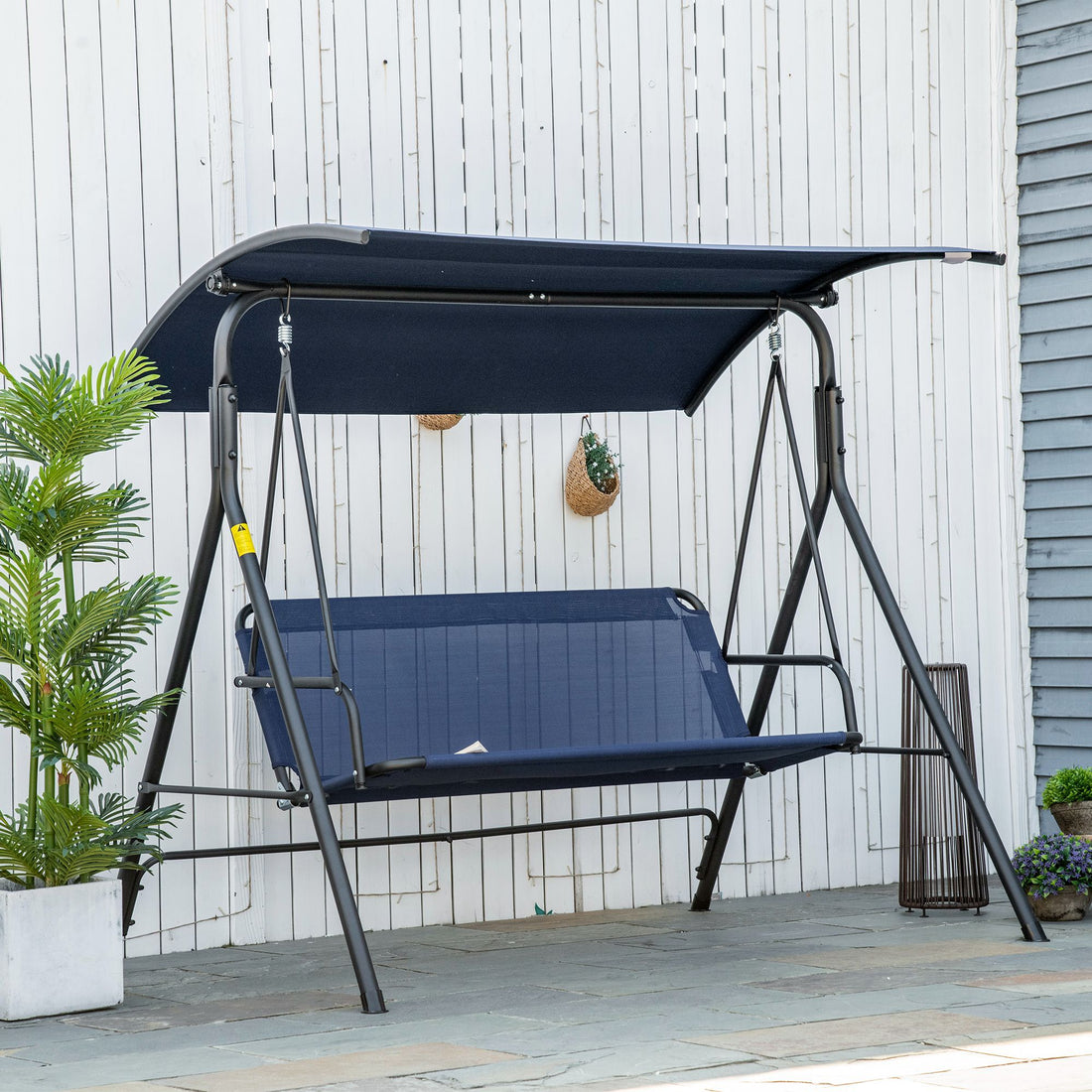 Outsunny 3 Person Porch Swing Bench With Stand & Adjustable Canopy, Armrests, Steel Frame For Outdoor, Garden, Patio, Porch & Poolside, Dark Blue Blue Steel