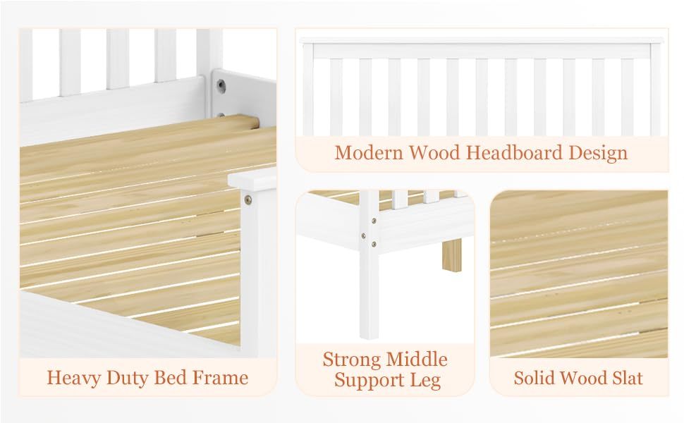 Queen Bed Frames With Headboard, Solid Wooden Platform Bed With Corner, Modern Low Profile Bed Frame, No Box Spring Needed, White Queen White Wood