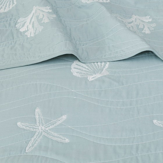 4 Piece Cotton Reversible Embroidered Quilt Set With Throw Pillow Aqua Full Queen Full Aqua Cotton