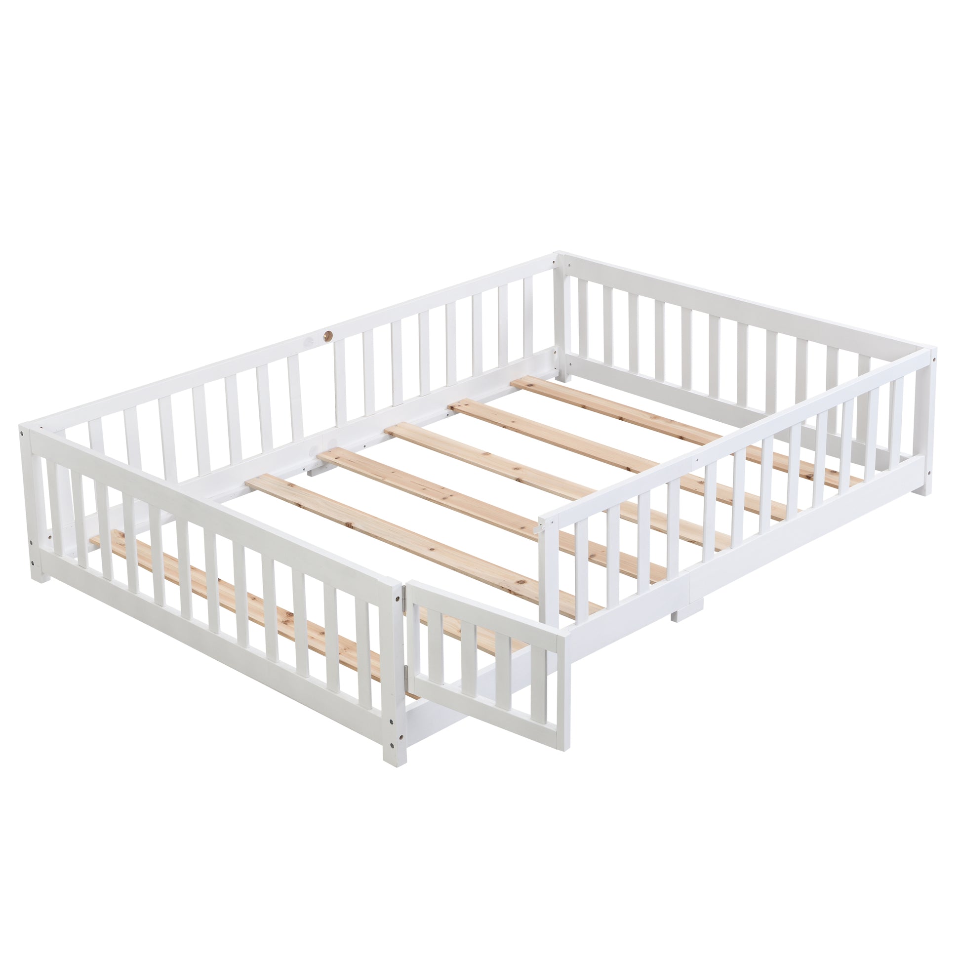 Full Size Floor Bed With Door,Solid Wood Platform Bed Frame With Fence,Suitable For Children,Pine Wood,White Full White Wood