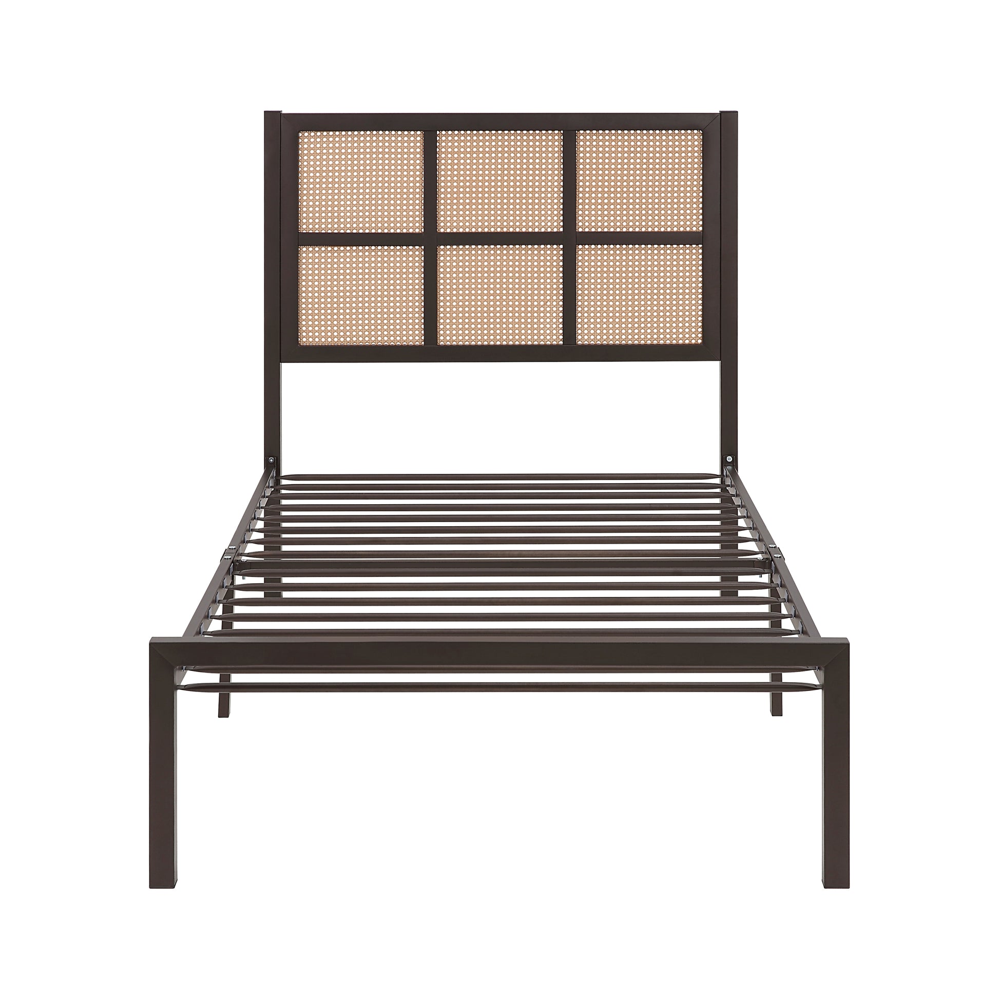 1Pc Twin Platform Bed, Metal Frame Dark Bronze Finish Faux Cane Panel Headboard Casual Coastal Bedroom Furniture, Bed In A Box Box Spring Not Required Twin Bronze Metal Bedroom Casual,Coastal Metal