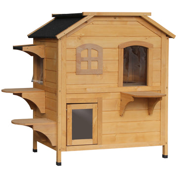 Pawhut 2 Story Cat House Outdoor, Weatherproof Wooden Cat Enclosure For Feral Cats With Escape Door, Openable Roof, Jumping Platforms, Natural Natural Wood Wood