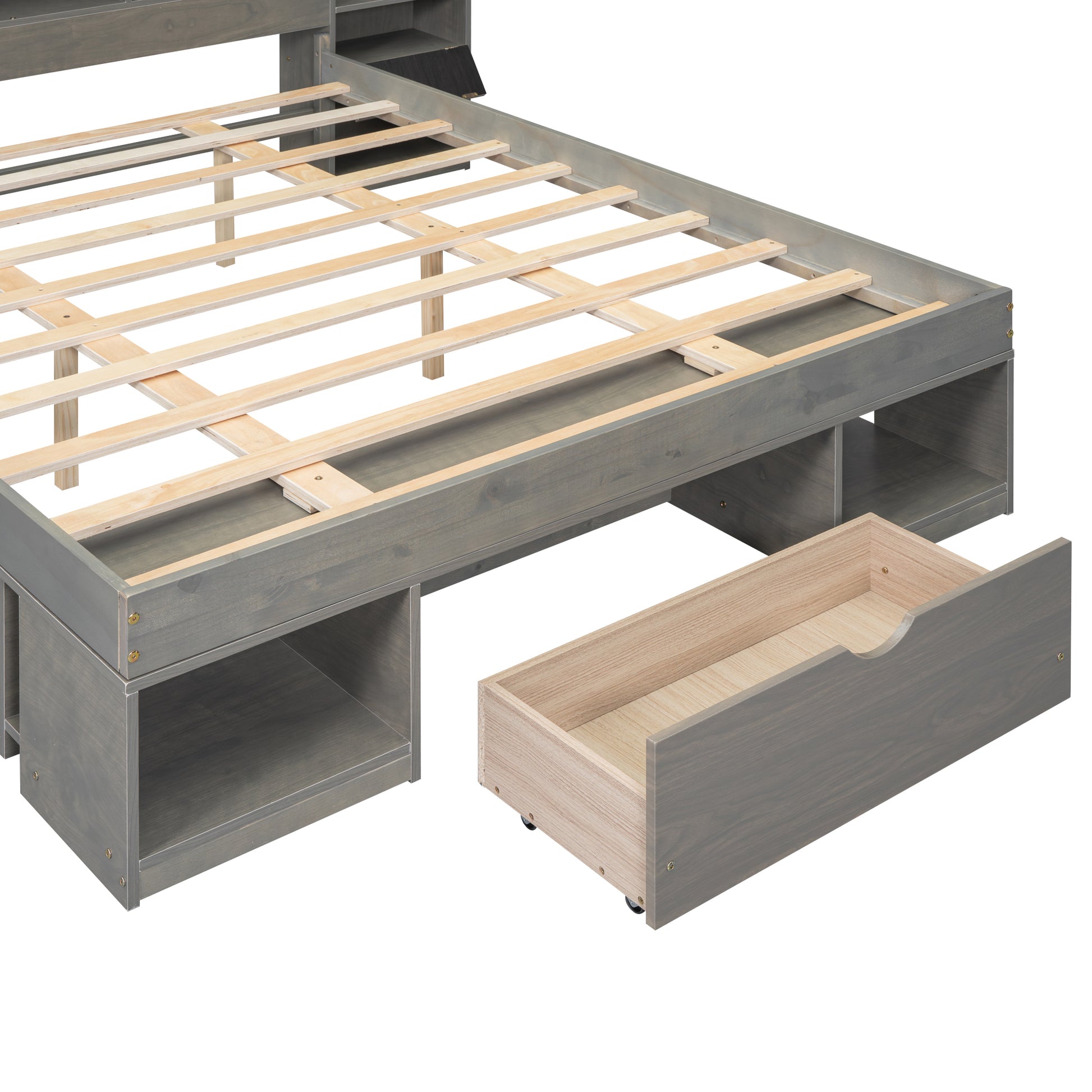 Queen Size Wood Platform Bed With Multi Storage Headboard And A Drawer, Gray Box Spring Not Required Queen Gray Wood Bedroom Bed Frame Solid Wood Mdf