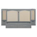Full Size Murphy Bed Wall Bed With Drawer And Rattan Decoration With 2 Storage Cabinets, One Set Of Sockets & Usb Ports, Pulley Structure Design, Gray Full Gray Plywood
